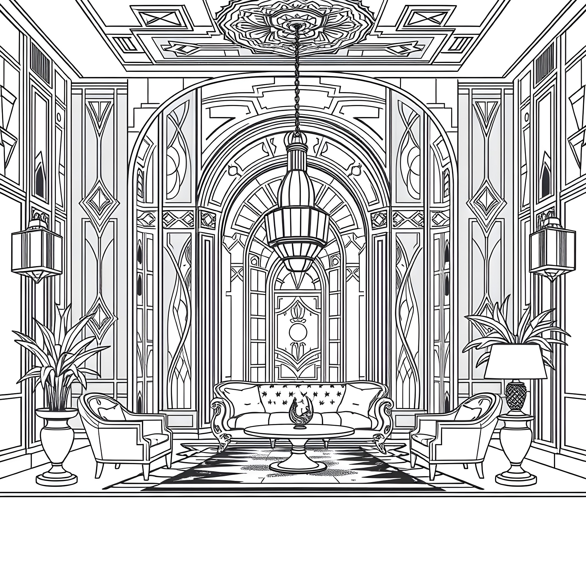 Art Deco Elegant Interiors with Symmetrical Ornaments Coloring Page (free black-and-white line drawing printable PDF for all, from beginners to advanced learners, including children, teens, adults, and seniors)