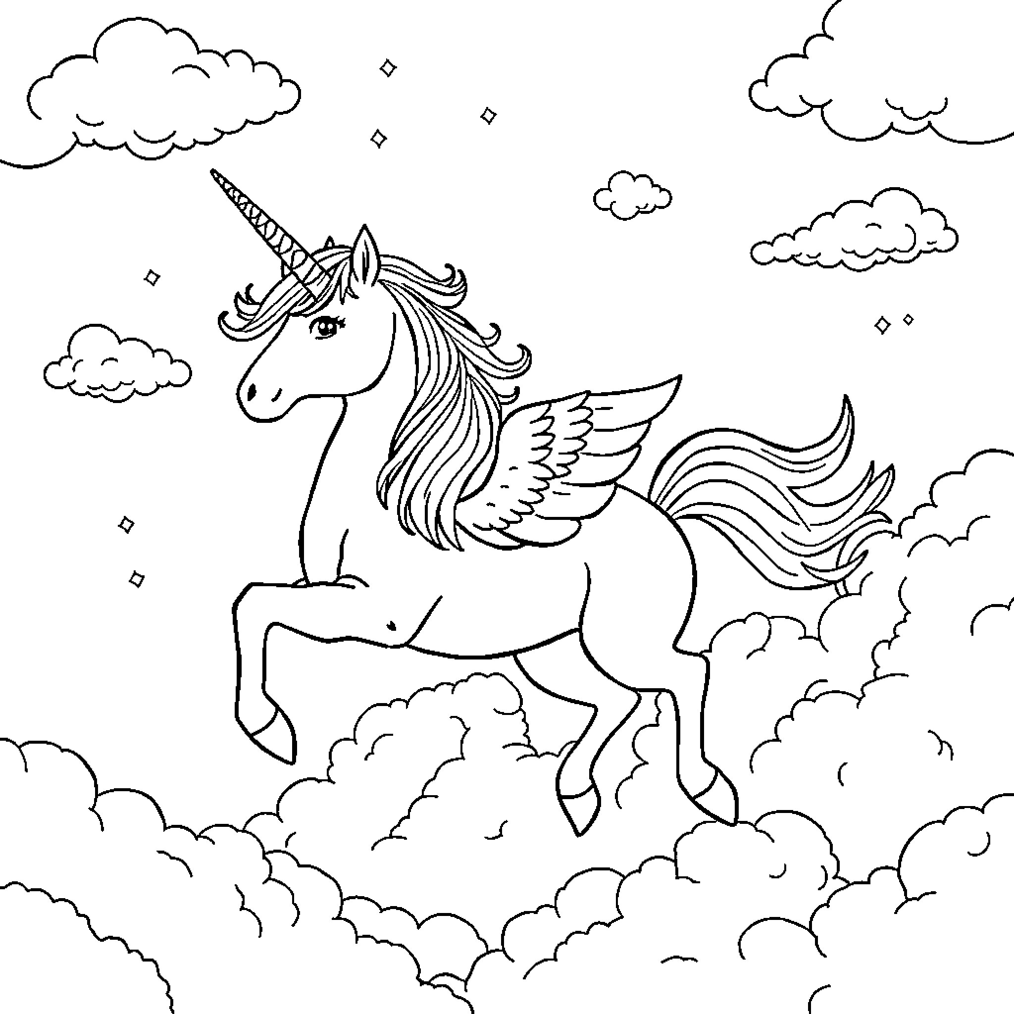 Unicorn flying gracefully among the clouds Coloring Page (free black-and-white line drawing printable PDF for all, from beginners to advanced learners, including children, teens, adults, and seniors)