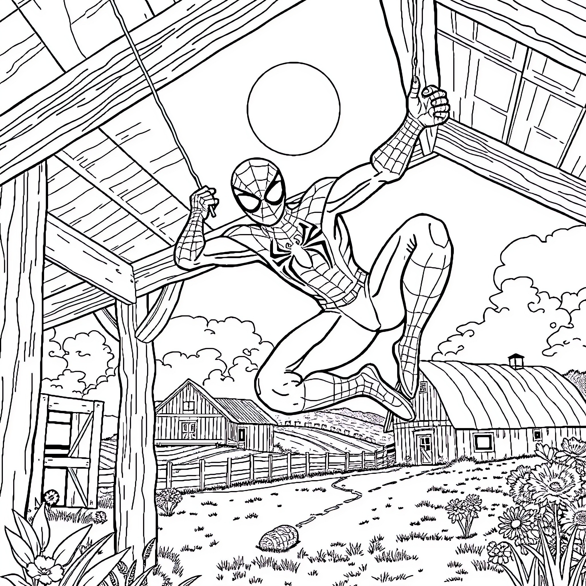 Spider-Man swinging through a rural landscape Coloring Page (free black-and-white line drawing printable PDF for all, from beginners to advanced learners, including children, teens, adults, and seniors)