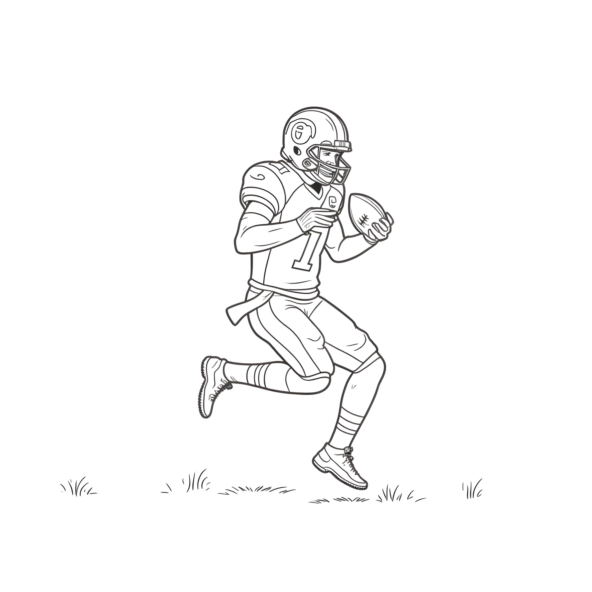 Patrick Mahomes running with football on field Coloring Page (free black-and-white line drawing printable PDF for all, from beginners to advanced learners, including children, teens, adults, and seniors)