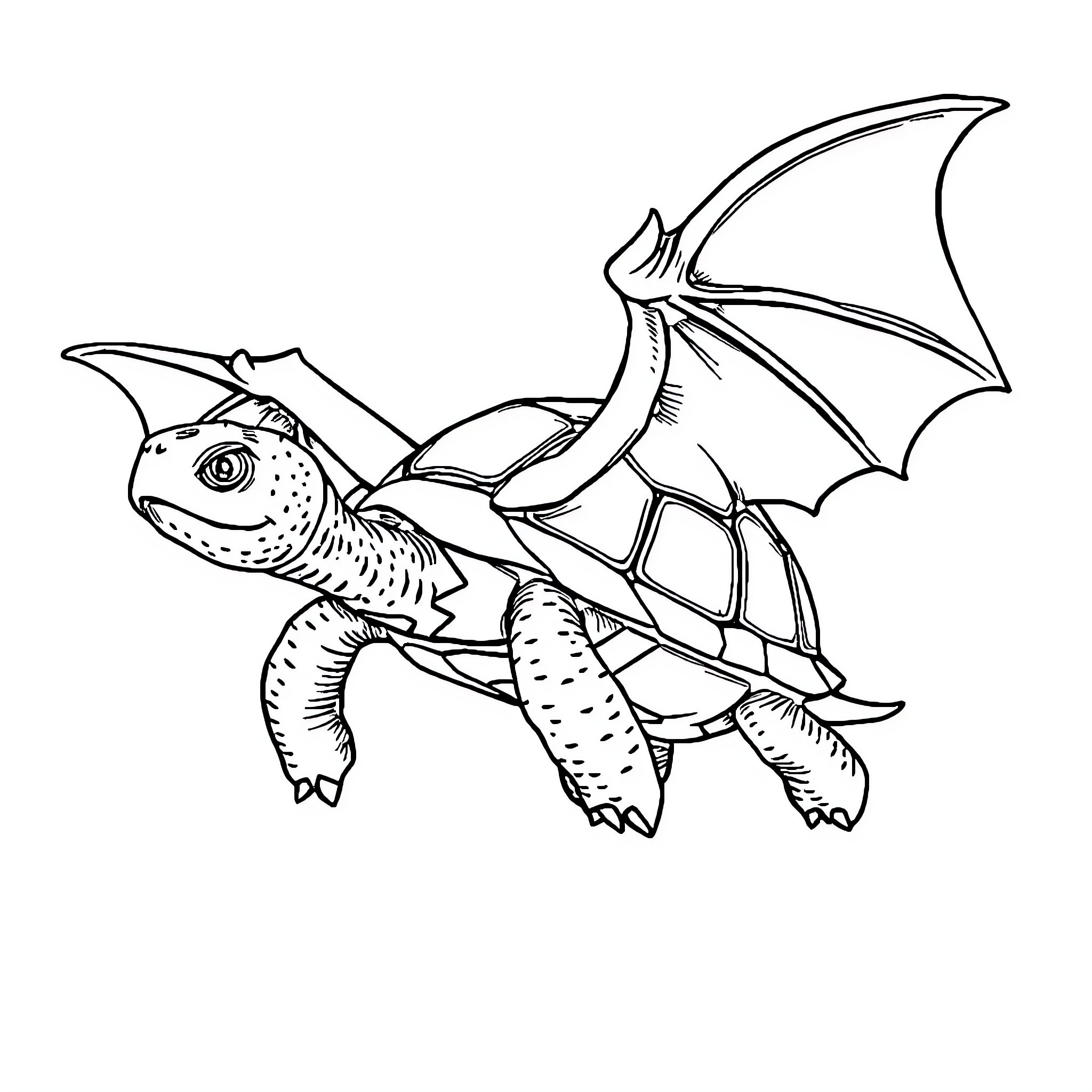 Turtle dragon soaring in the sky Coloring Page (free black-and-white line drawing printable PDF for all, from beginners to advanced learners, including children, teens, adults, and seniors)