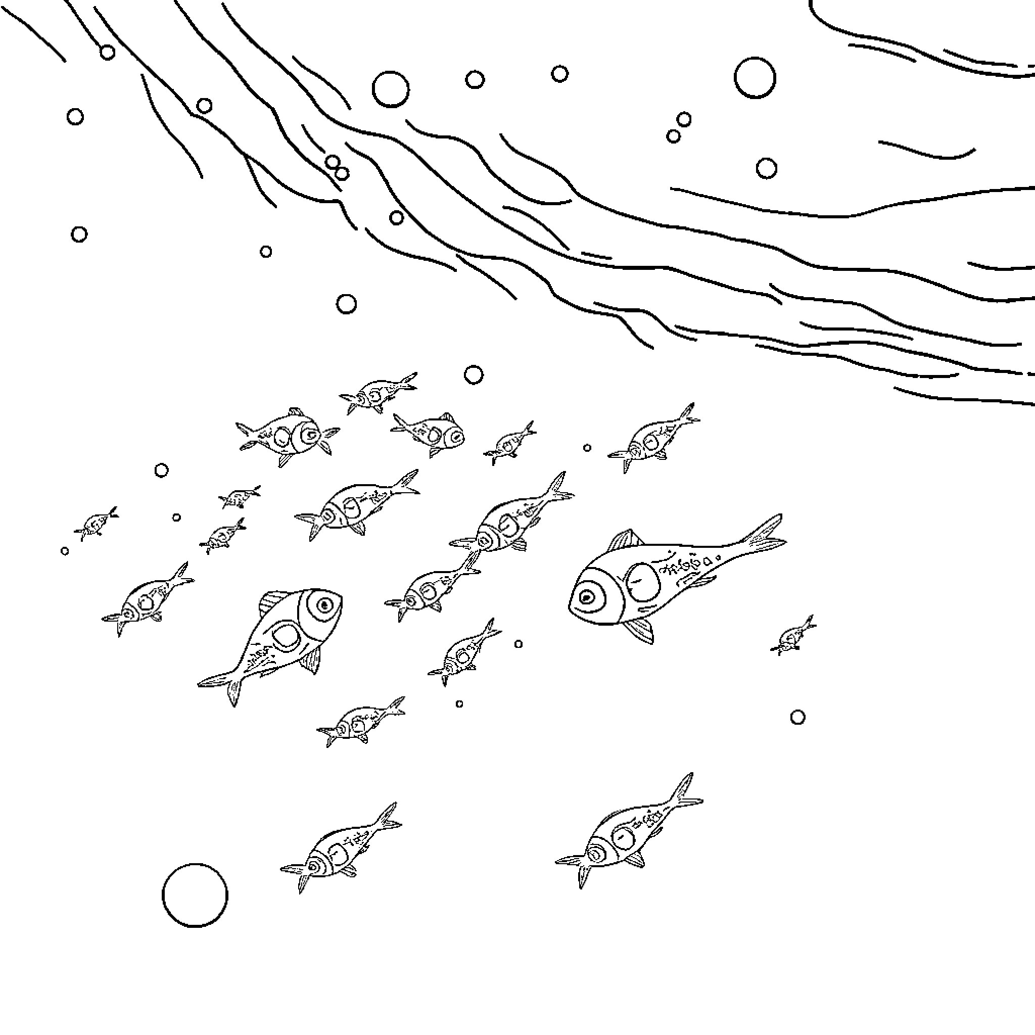 Zooplankton swimming amidst bubbles and aquatic life Coloring Page (free black-and-white line drawing printable PDF for all, from beginners to advanced learners, including children, teens, adults, and seniors)