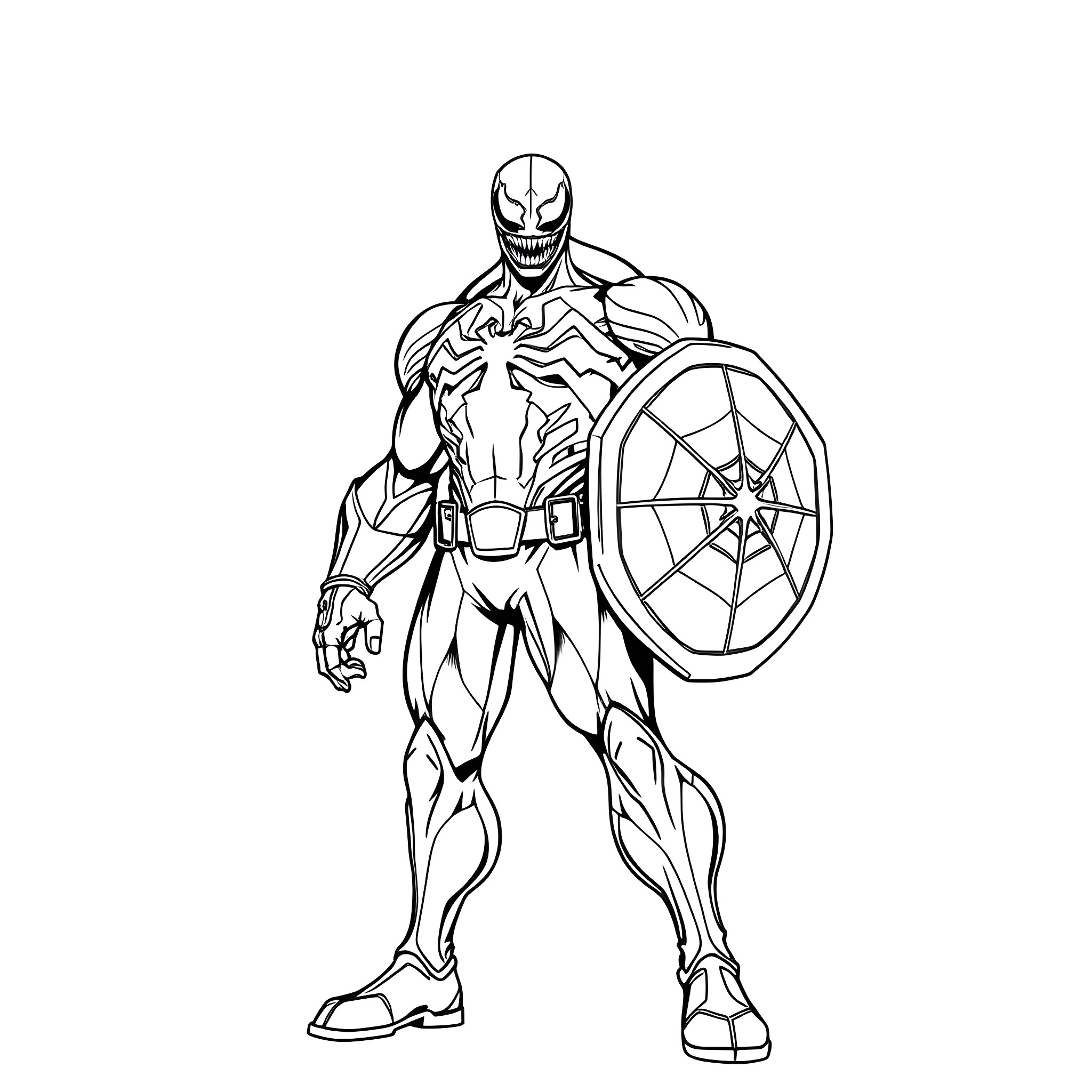 Captain Venom battles with shield and web Coloring Page (free black-and-white line drawing printable PDF for all, from beginners to advanced learners, including children, teens, adults, and seniors)