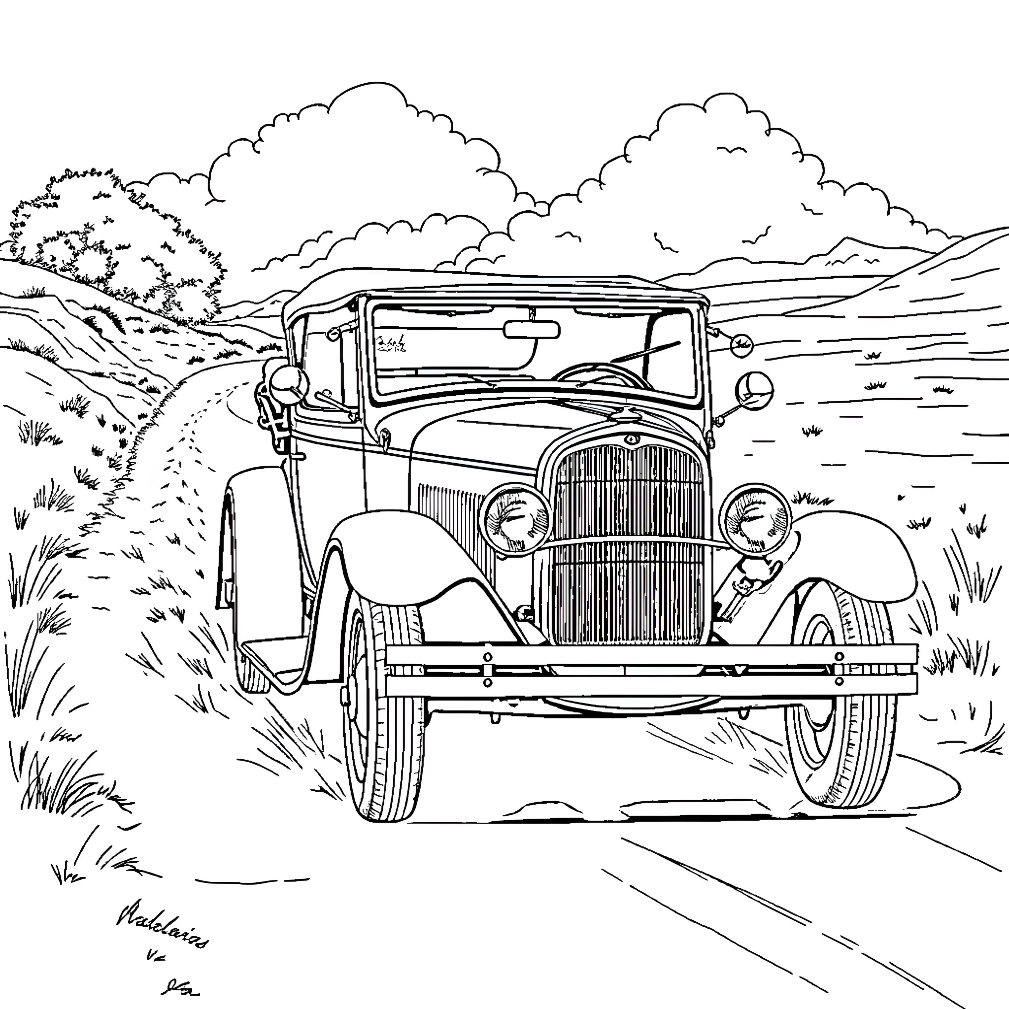 Ford vintage car on a countryside road Coloring Page (free black-and-white line drawing printable PDF for all, from beginners to advanced learners, including children, teens, adults, and seniors)