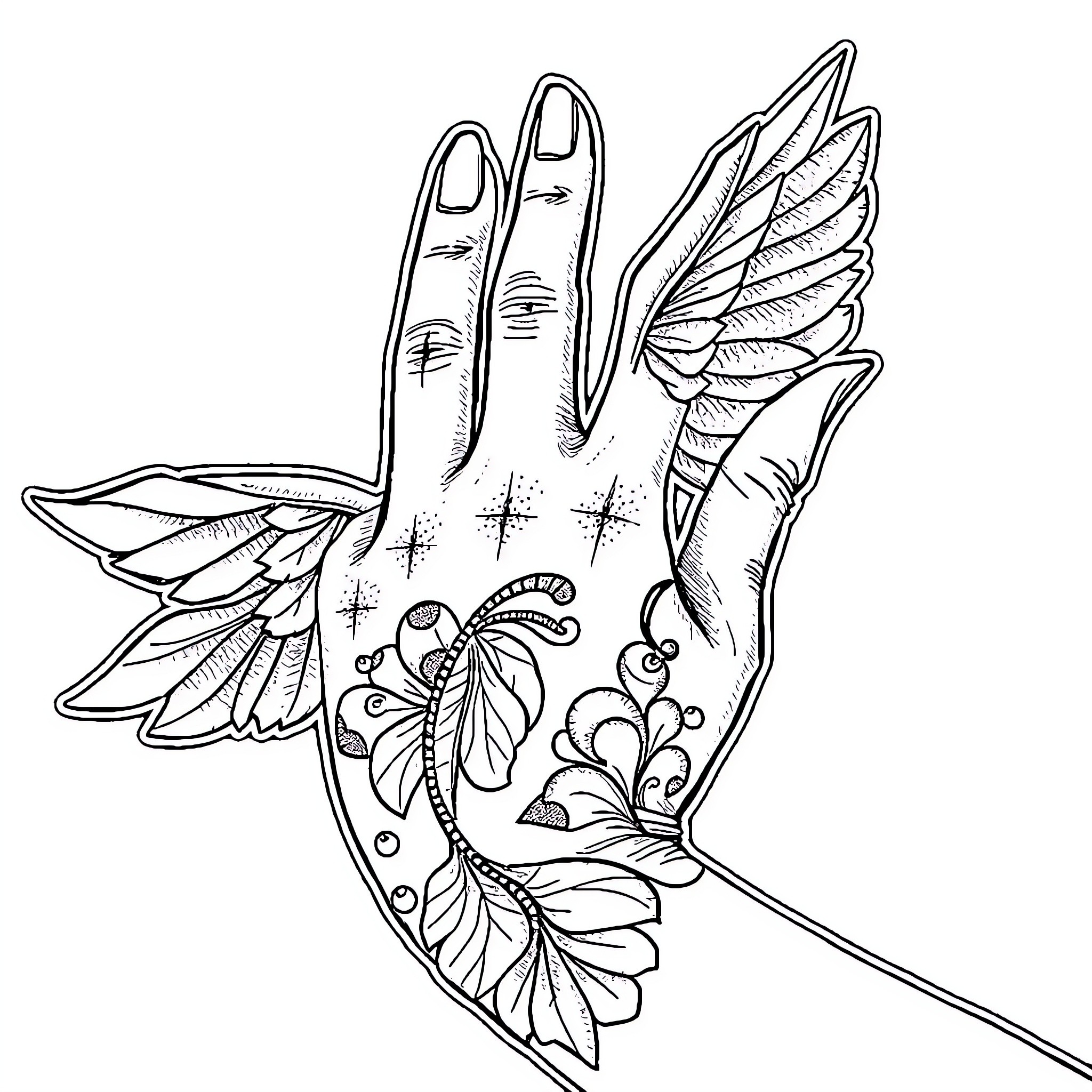 Hand with Ornate Winged Design Coloring Page (free black-and-white line drawing printable PDF for all, from beginners to advanced learners, including children, teens, adults, and seniors)