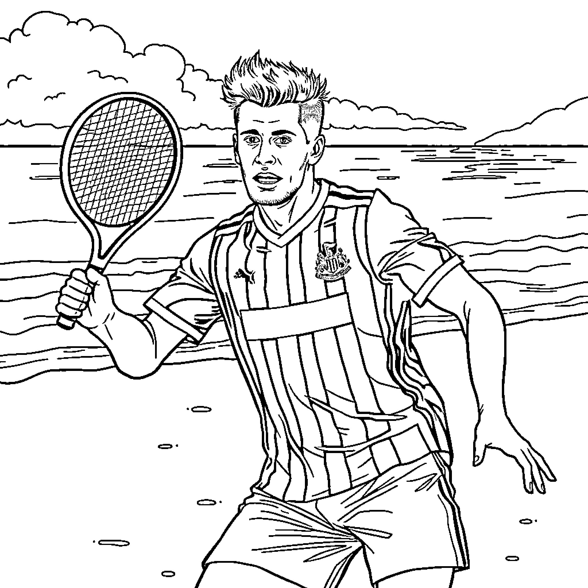Newcastle United Player Holding Tennis Racket at Beach Coloring Page (free black-and-white line drawing printable PDF for all, from beginners to advanced learners, including children, teens, adults, and seniors)