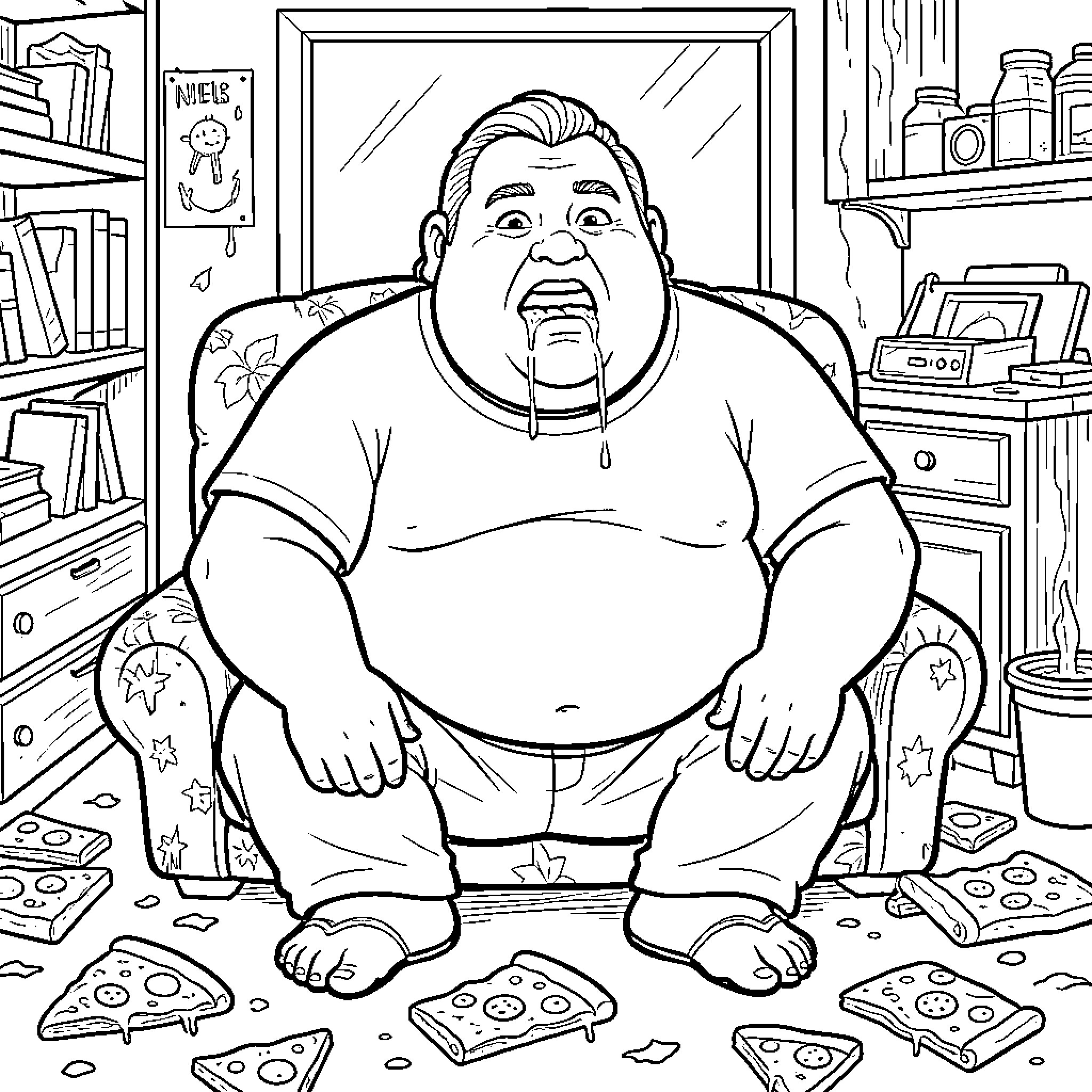 Guy sitting in messy room surrounded by junk food Coloring Page (free black-and-white line drawing printable PDF for all, from beginners to advanced learners, including children, teens, adults, and seniors)