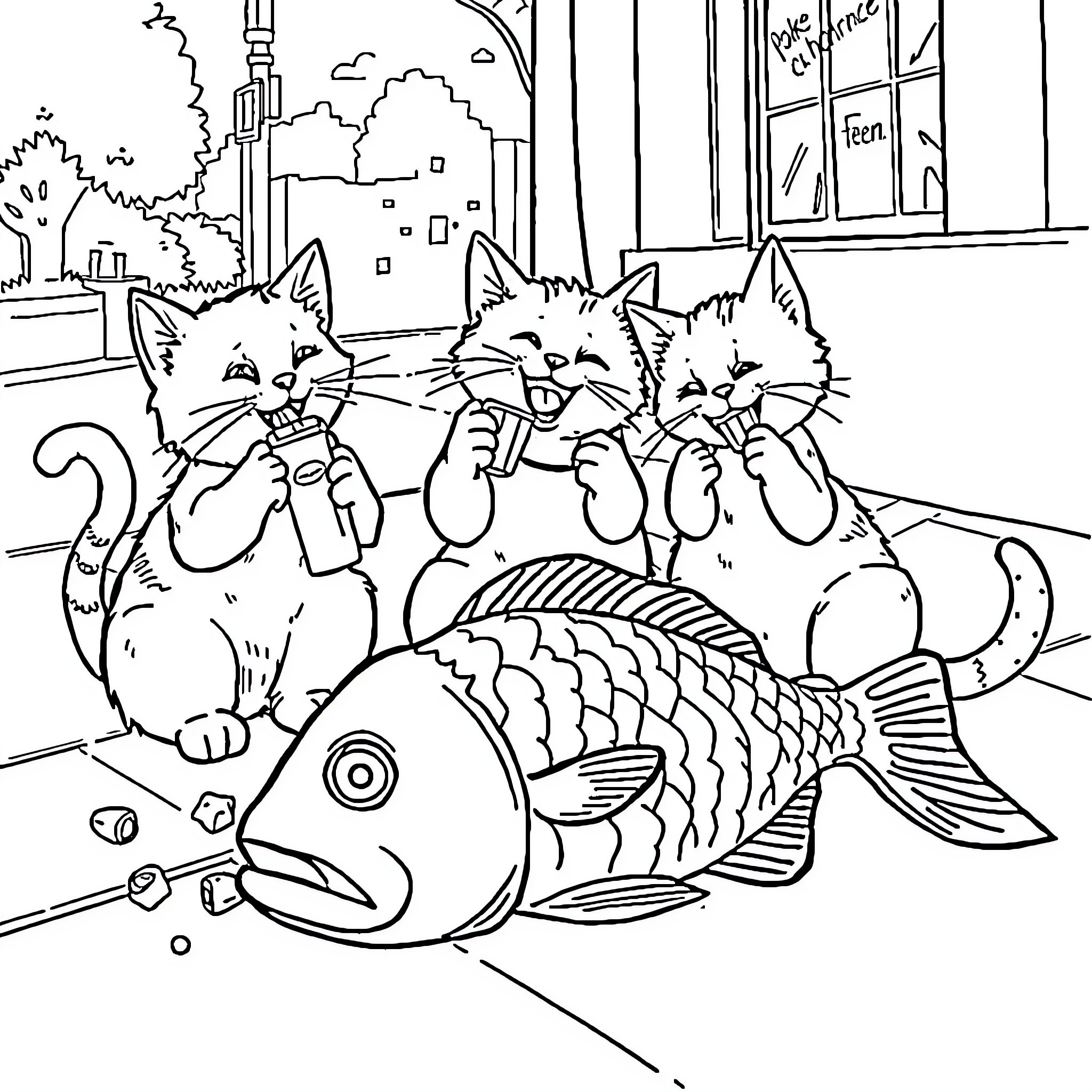 Cats Curious About a Colorful Fish Coloring Page (free black-and-white line drawing printable PDF for all, from beginners to advanced learners, including children, teens, adults, and seniors)