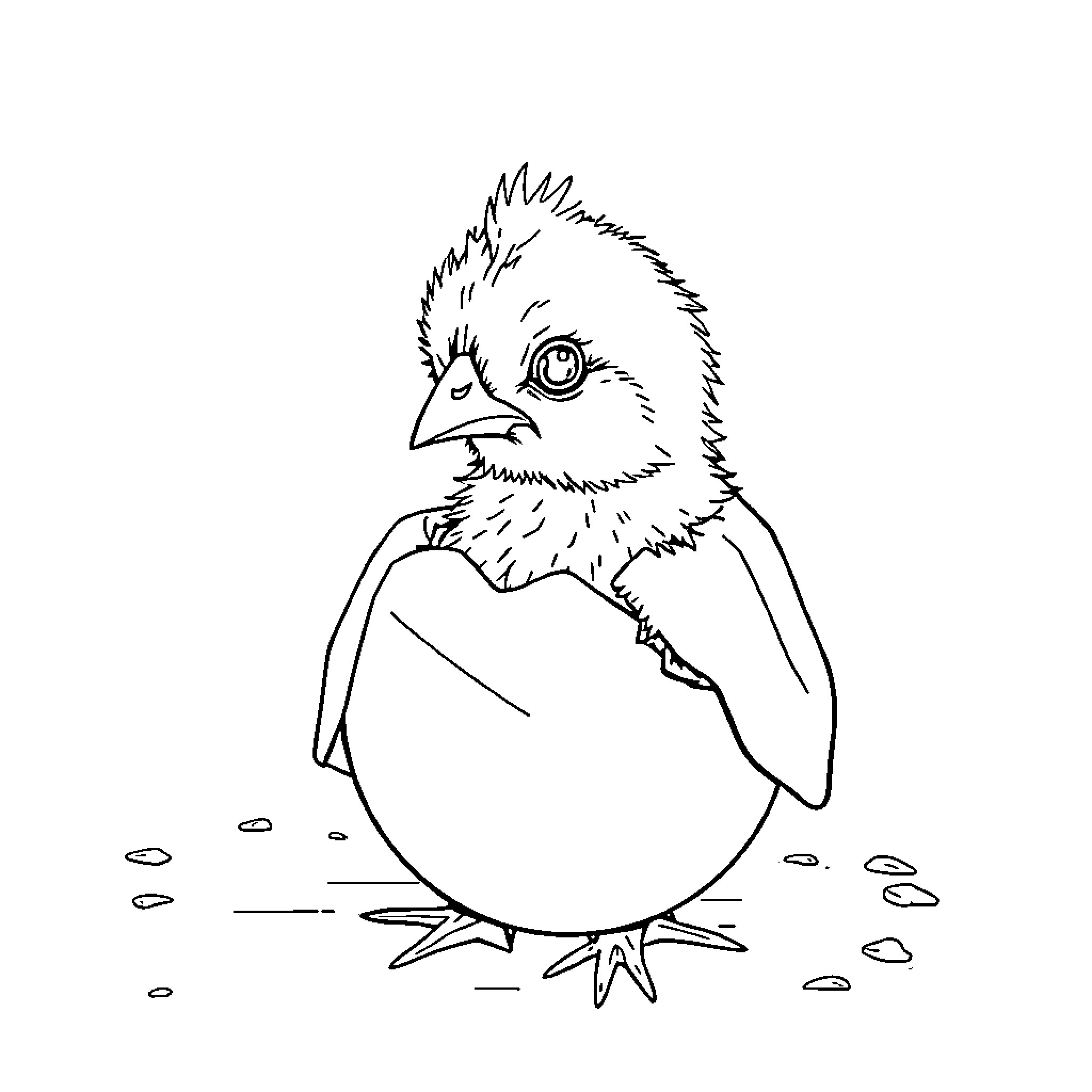 Baby Chicken Hatching Out of Egg Coloring Page (free black-and-white line drawing printable PDF for all, from beginners to advanced learners, including children, teens, adults, and seniors)