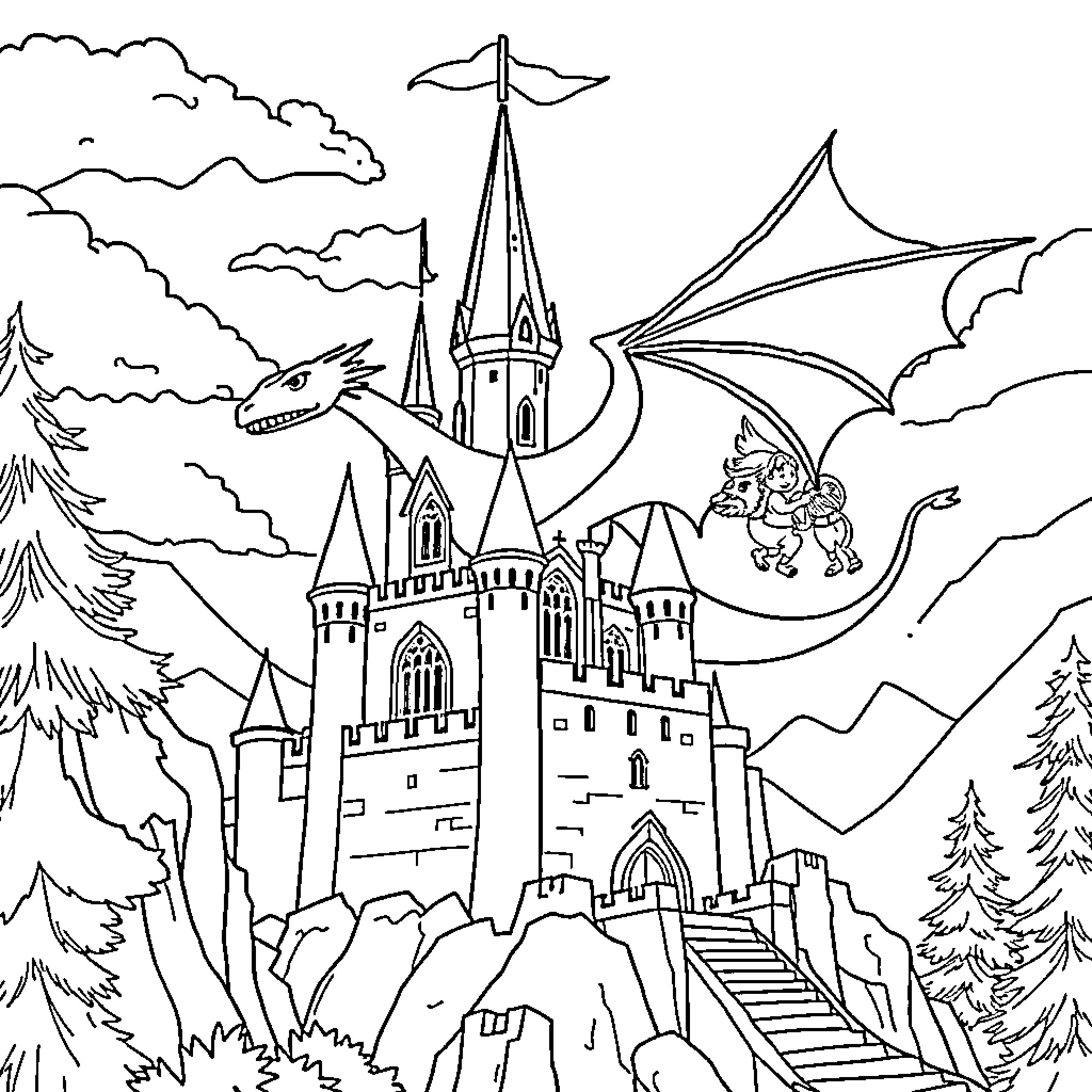 Castillo of a Mythical Kingdom Coloring Page (free black-and-white line drawing printable PDF for all, from beginners to advanced learners, including children, teens, adults, and seniors)