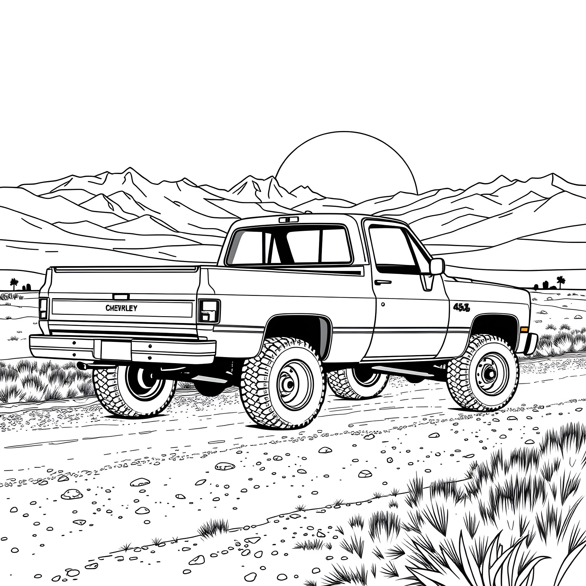Chevy off-road truck in scenic landscape Coloring Page (free black-and-white line drawing printable PDF for all, from beginners to advanced learners, including children, teens, adults, and seniors)