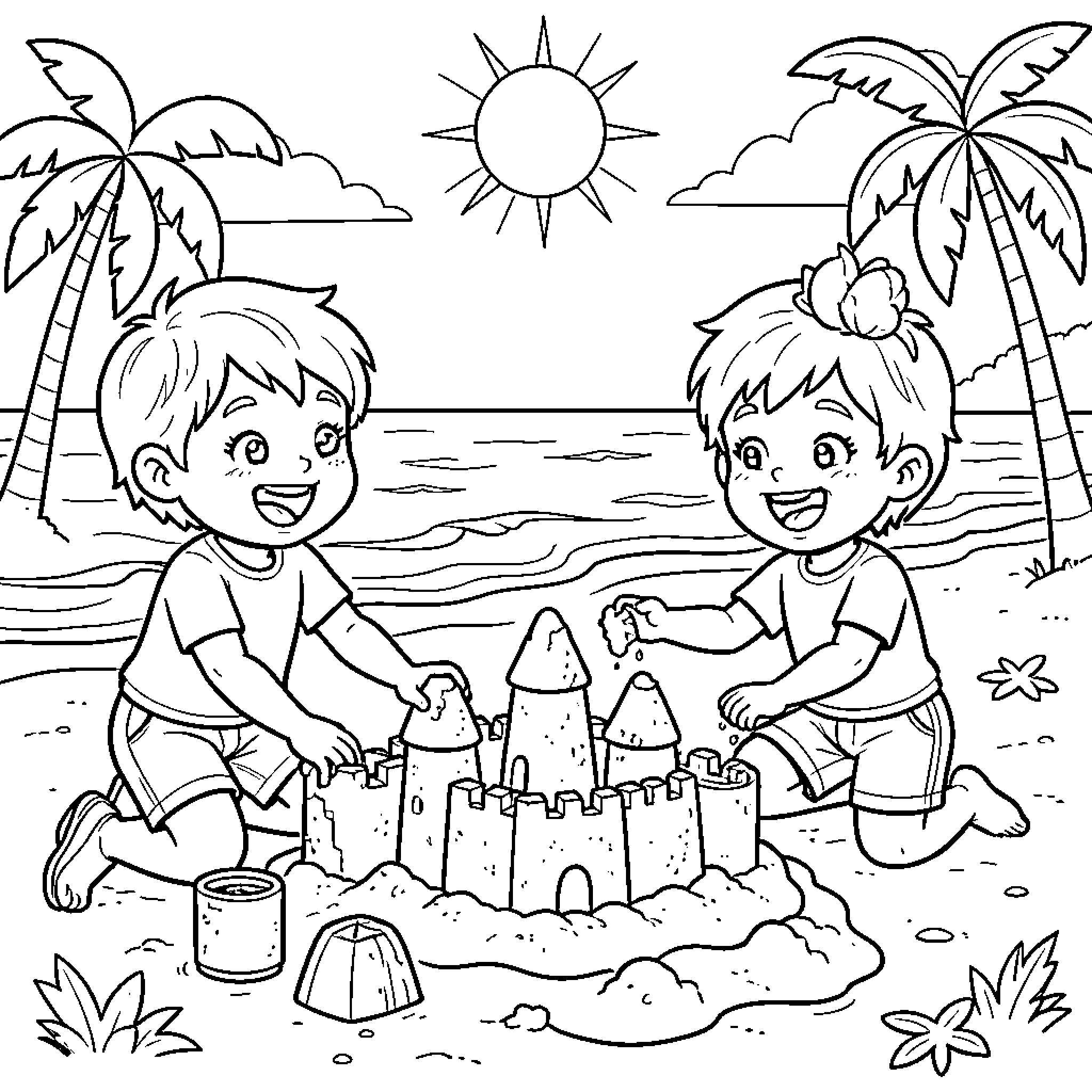 Children playing together on the beach Coloring Page (free black-and-white line drawing printable PDF for all, from beginners to advanced learners, including children, teens, adults, and seniors)