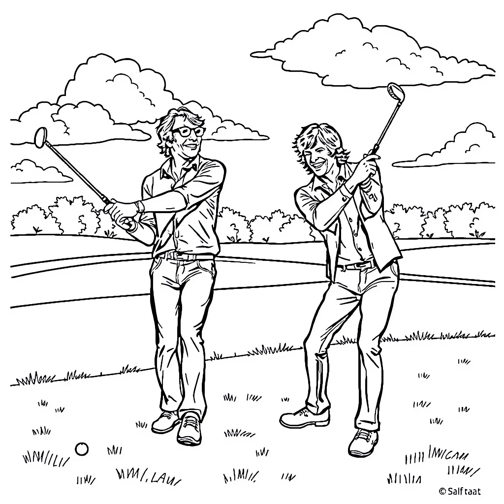 Keith Richards and friend playing golf in the park Coloring Page (free black-and-white line drawing printable PDF for all, from beginners to advanced learners, including children, teens, adults, and seniors)