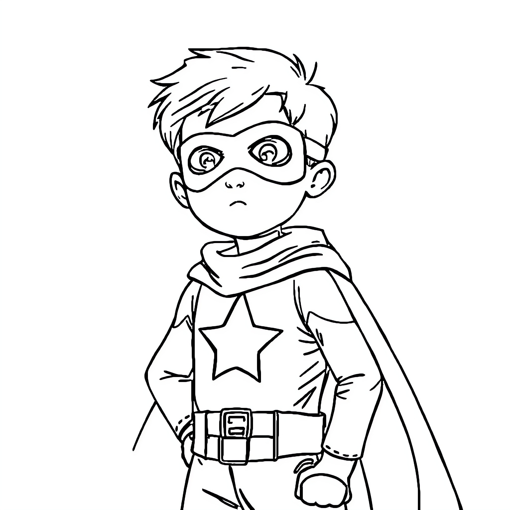 Boy in superhero costume with mask and cape Coloring Page (free black-and-white line drawing printable PDF for all, from beginners to advanced learners, including children, teens, adults, and seniors)