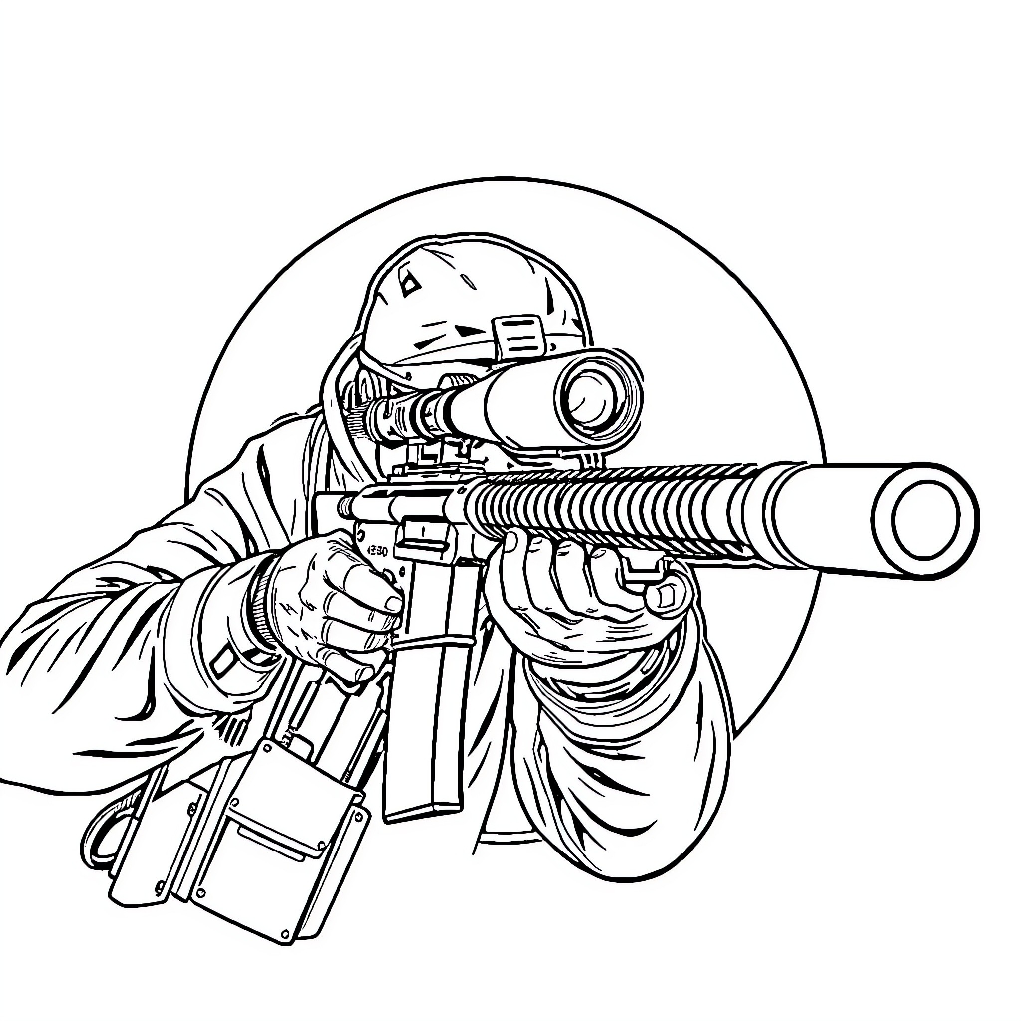 Call of Duty Character Wielding Futuristic Rifle Coloring Page (free black-and-white line drawing printable PDF for all, from beginners to advanced learners, including children, teens, adults, and seniors)