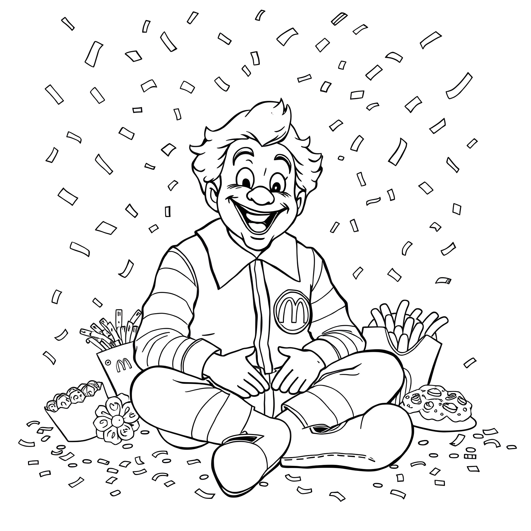 Ronald McDonald playing joyfully with confetti Coloring Page (free black-and-white line drawing printable PDF for all, from beginners to advanced learners, including children, teens, adults, and seniors)