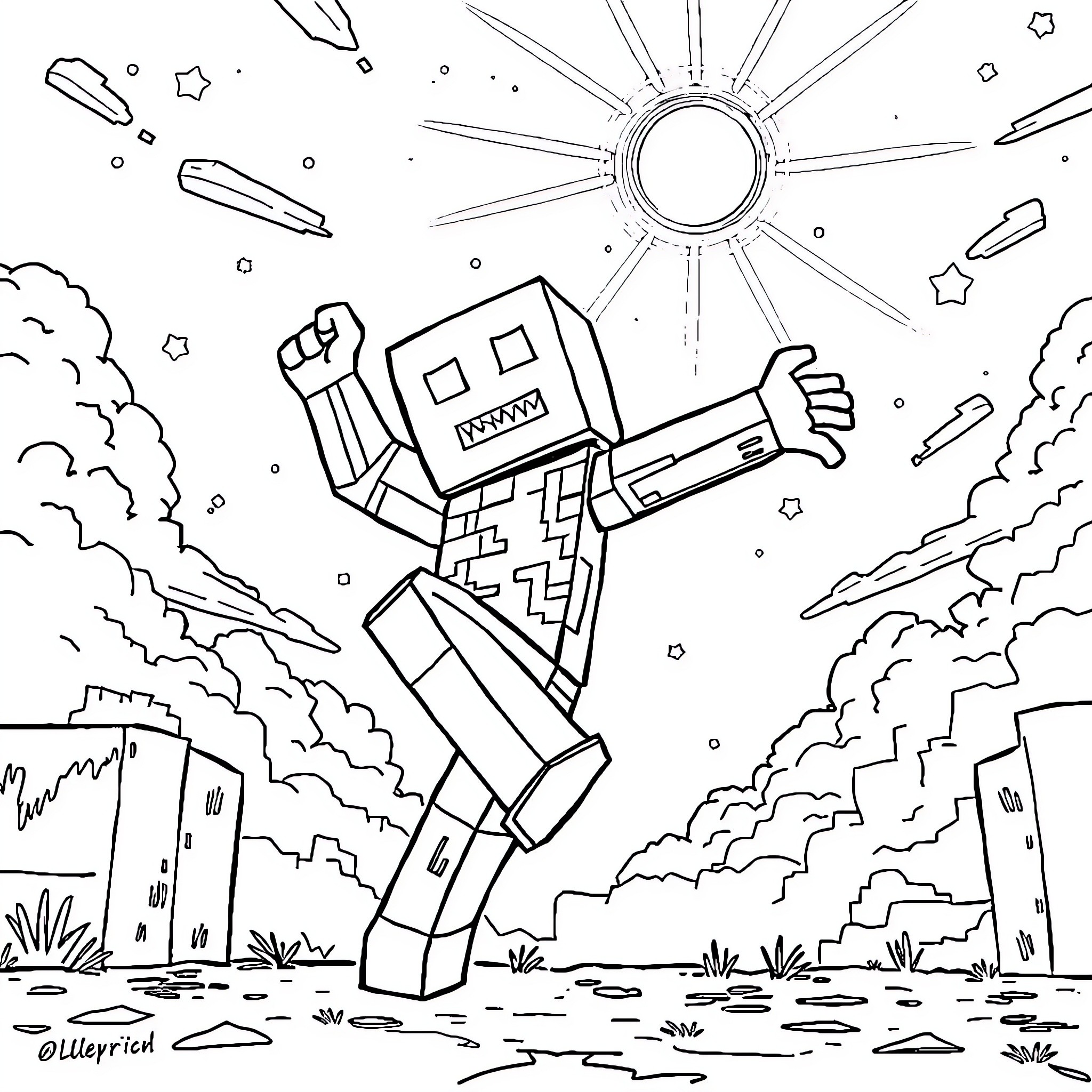 Enderman Teleporting in Minecraft Landscape Coloring Page (free black-and-white line drawing printable PDF for all, from beginners to advanced learners, including children, teens, adults, and seniors)
