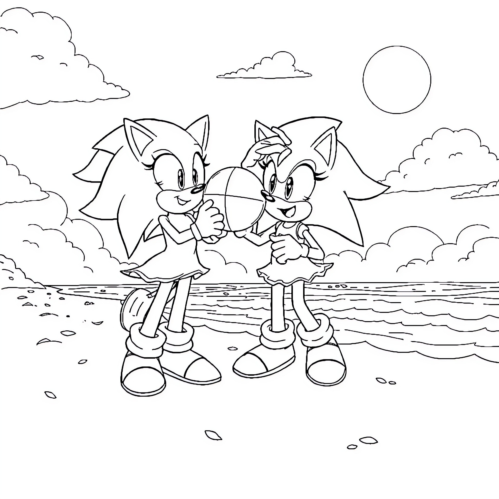 Sonic characters playing on the beach Coloring Page (free black-and-white line drawing printable PDF for all, from beginners to advanced learners, including children, teens, adults, and seniors)