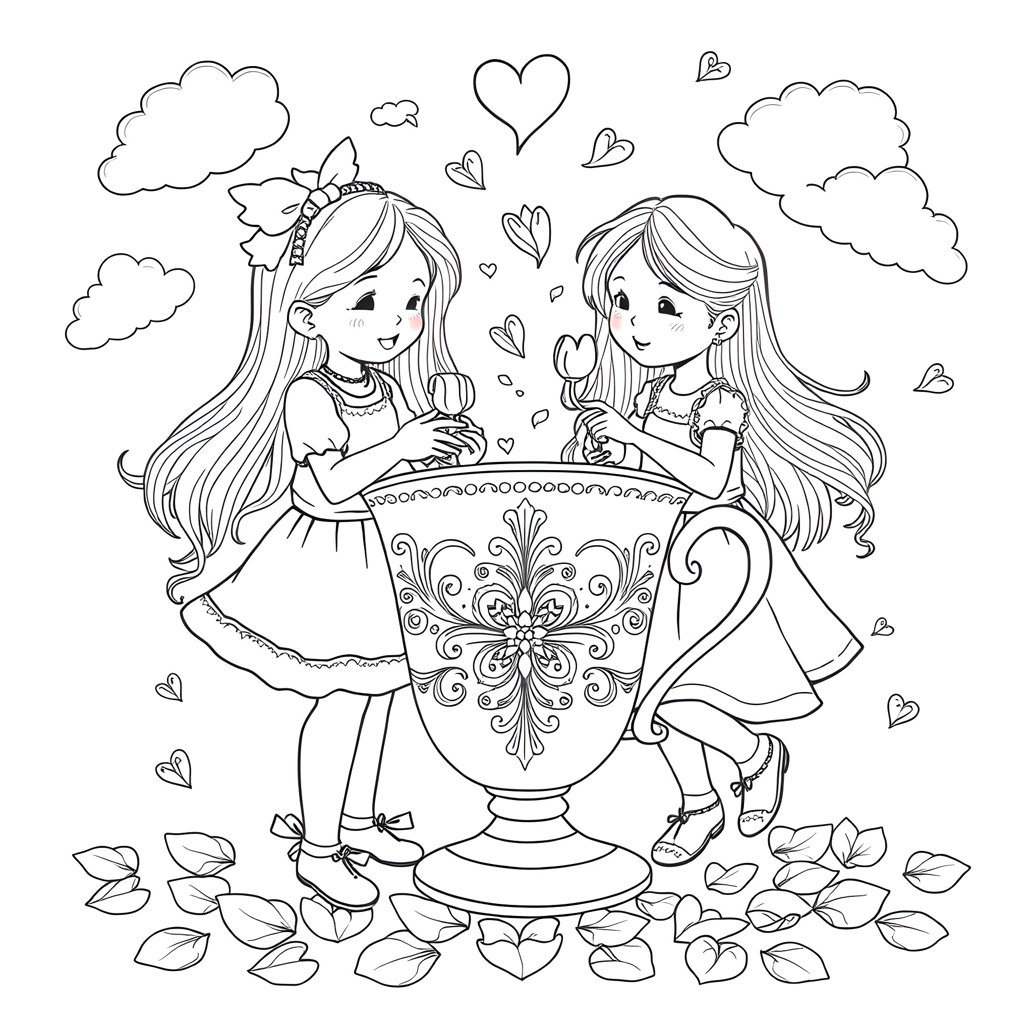 Girls sharing a teacup in a whimsical scene Coloring Page (free black-and-white line drawing printable PDF for all, from beginners to advanced learners, including children, teens, adults, and seniors)