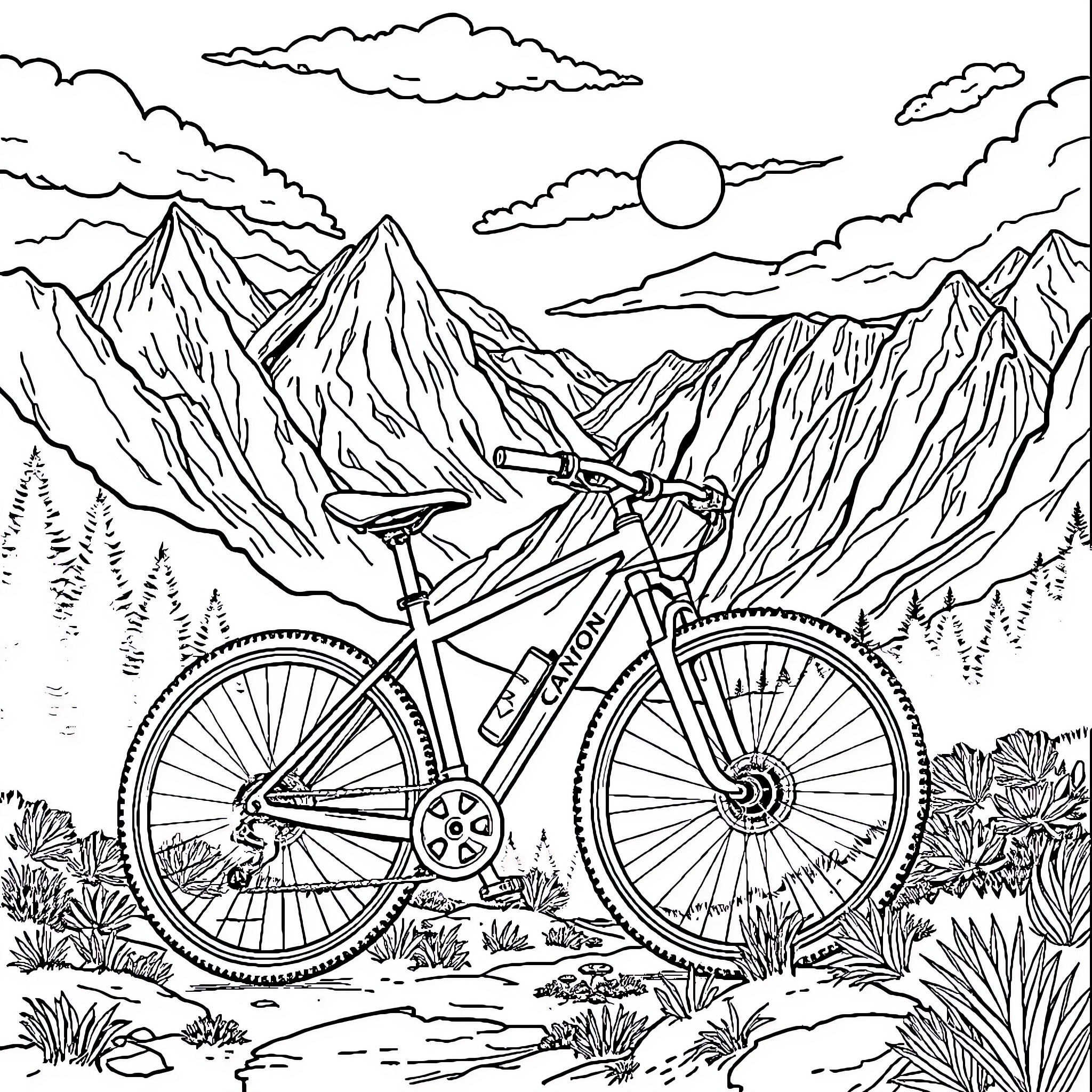 Canyon Bike Exploring Rugged Terrain Coloring Page (free black-and-white line drawing printable PDF for all, from beginners to advanced learners, including children, teens, adults, and seniors)