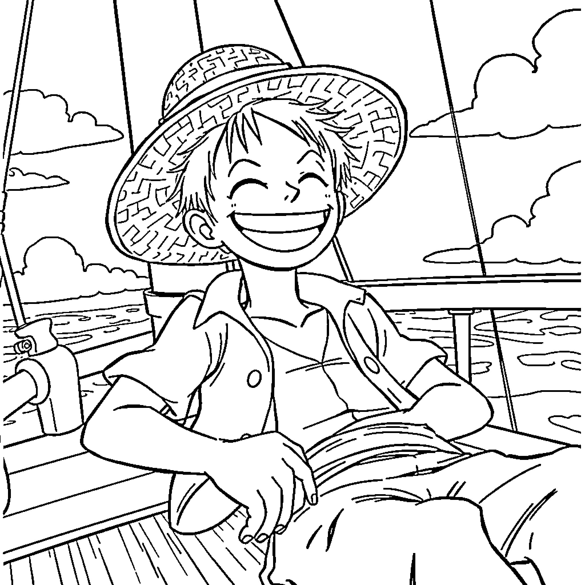 Luffy enjoying a sunny day on the boat Coloring Page (free black-and-white line drawing printable PDF for all, from beginners to advanced learners, including children, teens, adults, and seniors)