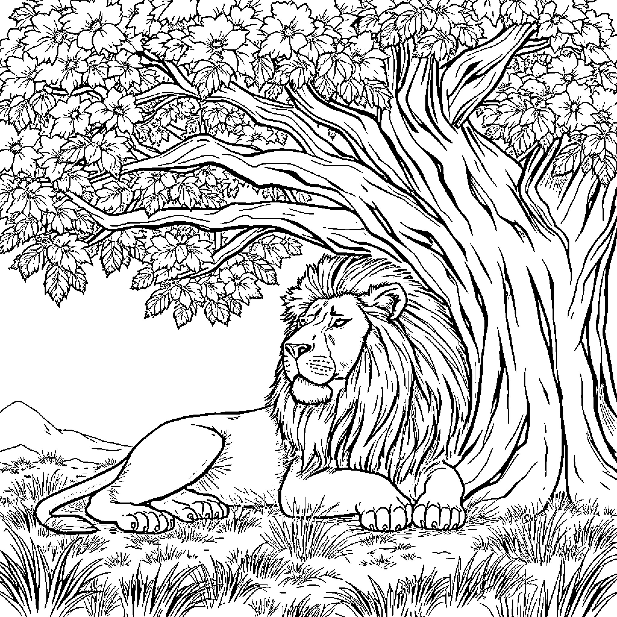 Lion resting in a lush, floral landscape Coloring Page (free black-and-white line drawing printable PDF for all, from beginners to advanced learners, including children, teens, adults, and seniors)