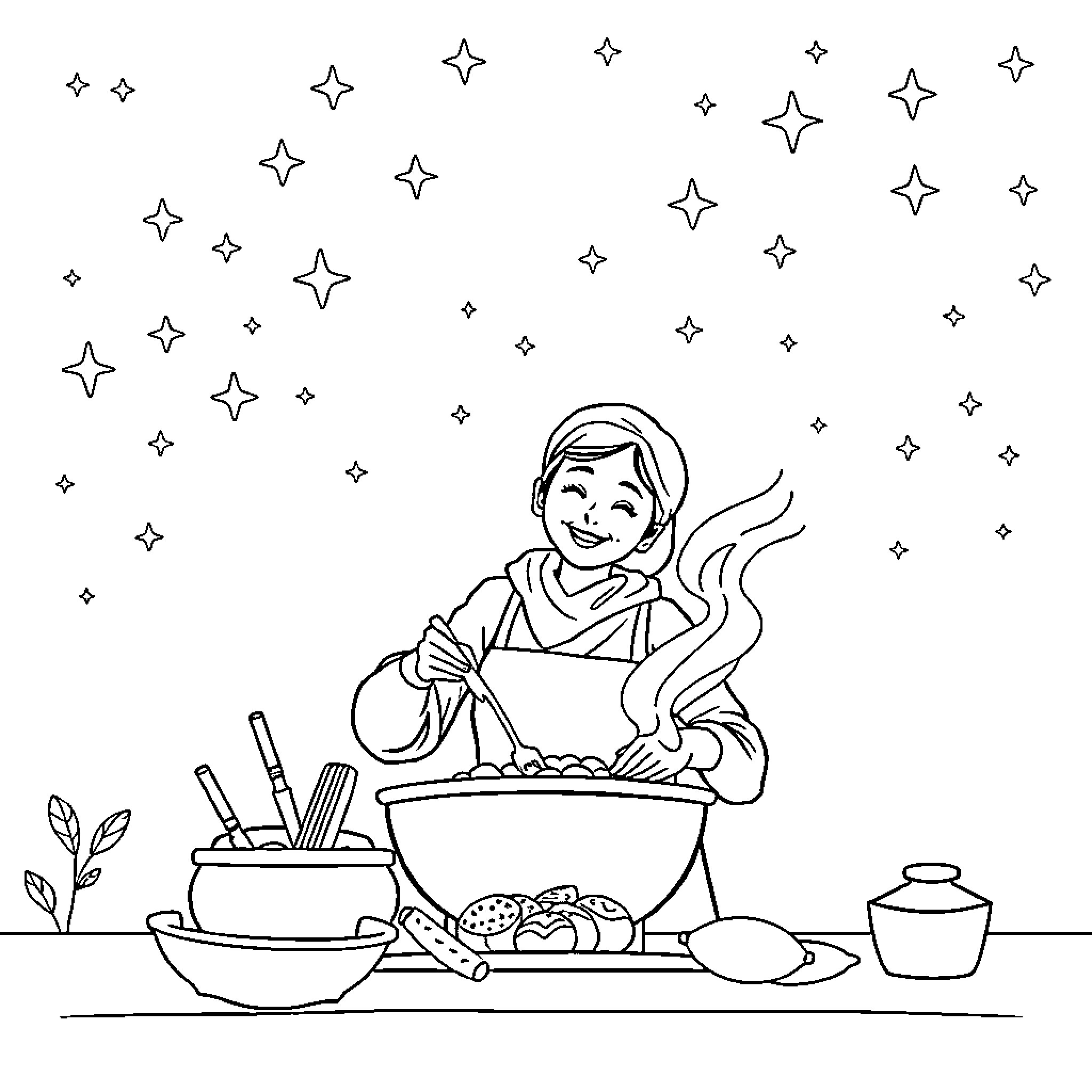 Mama cooking delicious meal in kitchen Coloring Page (free black-and-white line drawing printable PDF for all, from beginners to advanced learners, including children, teens, adults, and seniors)