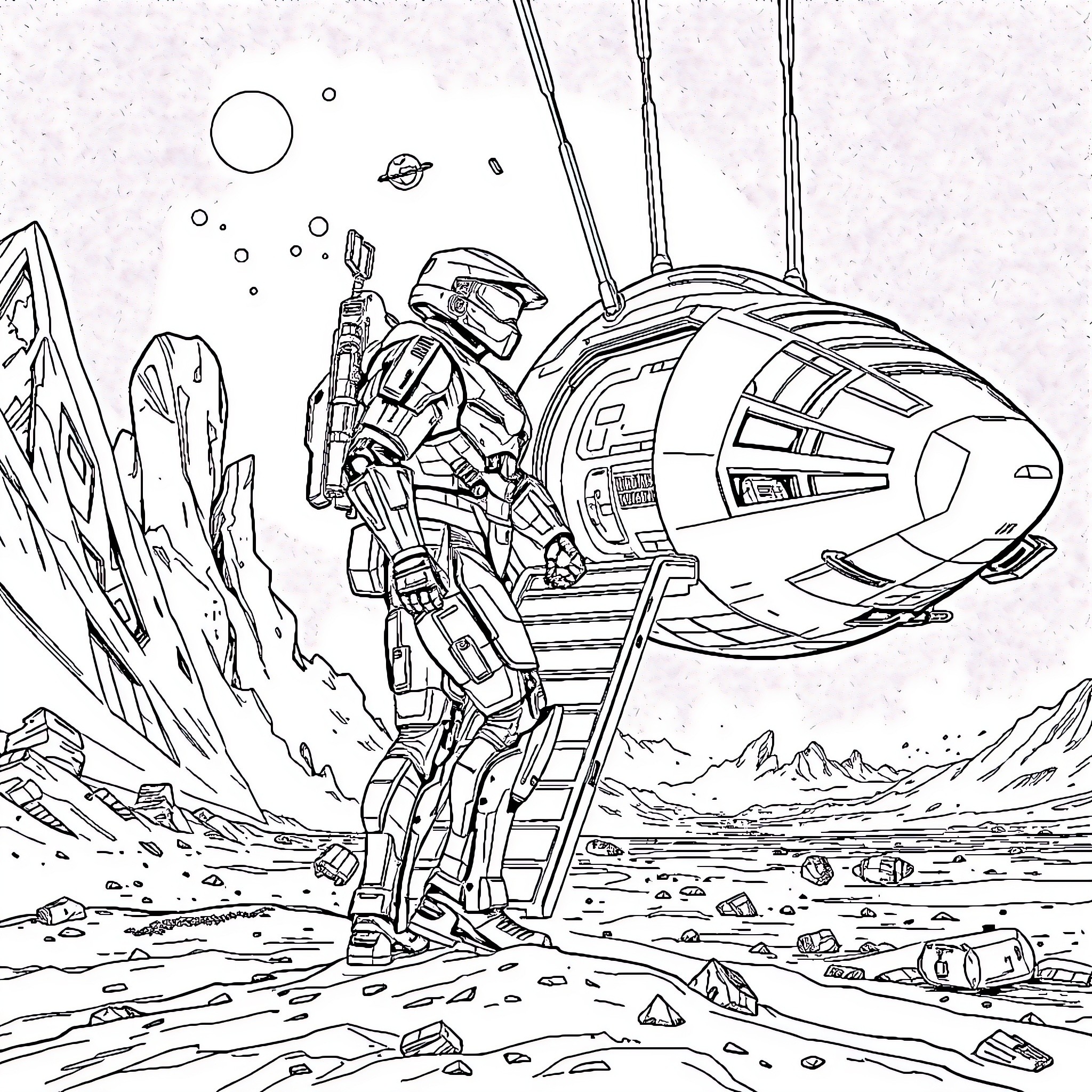 Master Chief exploring alien landscape with futuristic spacecraft Coloring Page (free black-and-white line drawing printable PDF for all, from beginners to advanced learners, including children, teens, adults, and seniors)
