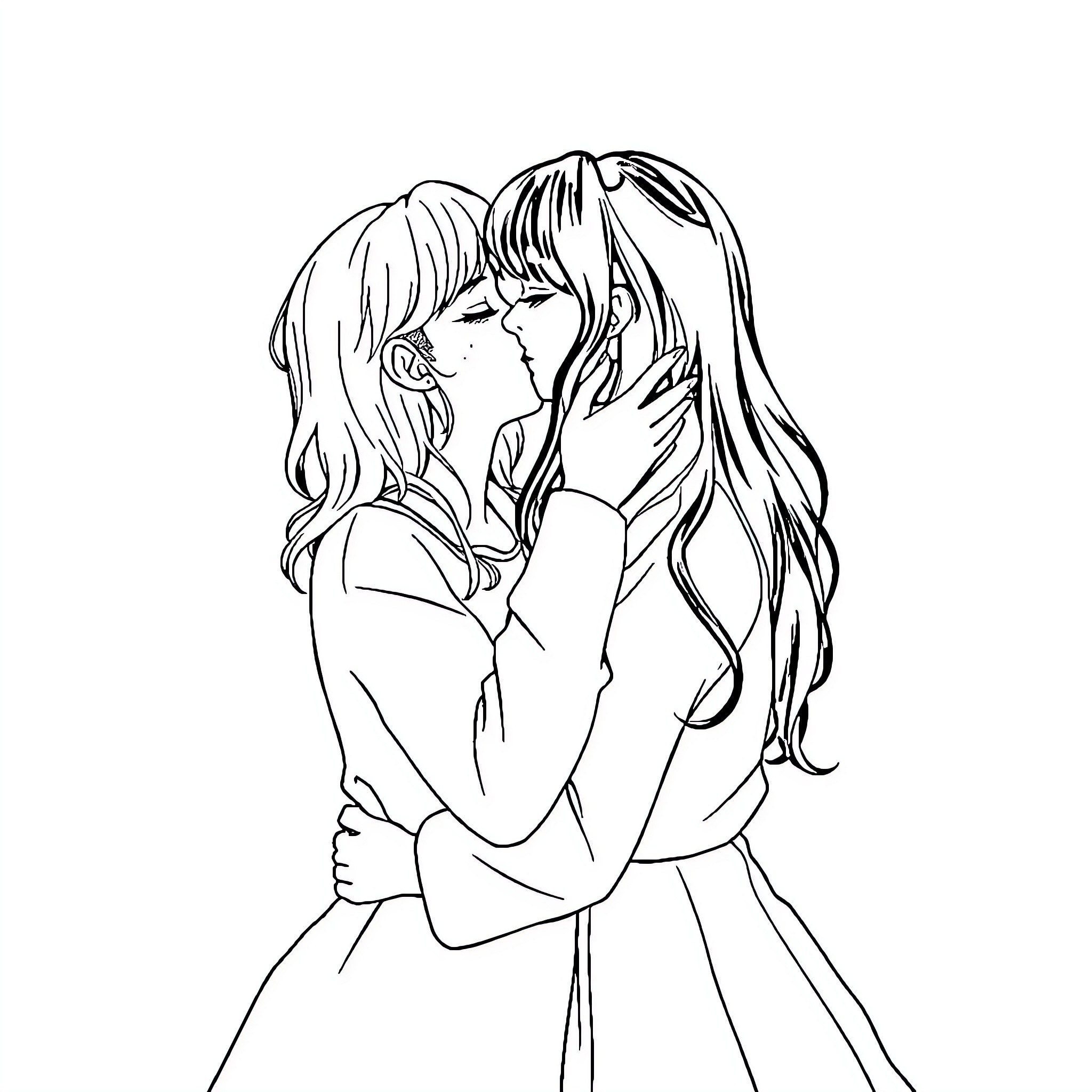 Girl in intimate embrace with emotional expression Coloring Page (free black-and-white line drawing printable PDF for all, from beginners to advanced learners, including children, teens, adults, and seniors)