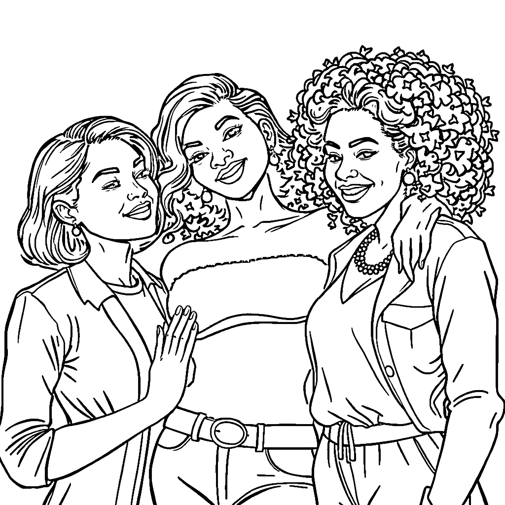 Woman friends smiling and hugging together Coloring Page (free black-and-white line drawing printable PDF for all, from beginners to advanced learners, including children, teens, adults, and seniors)