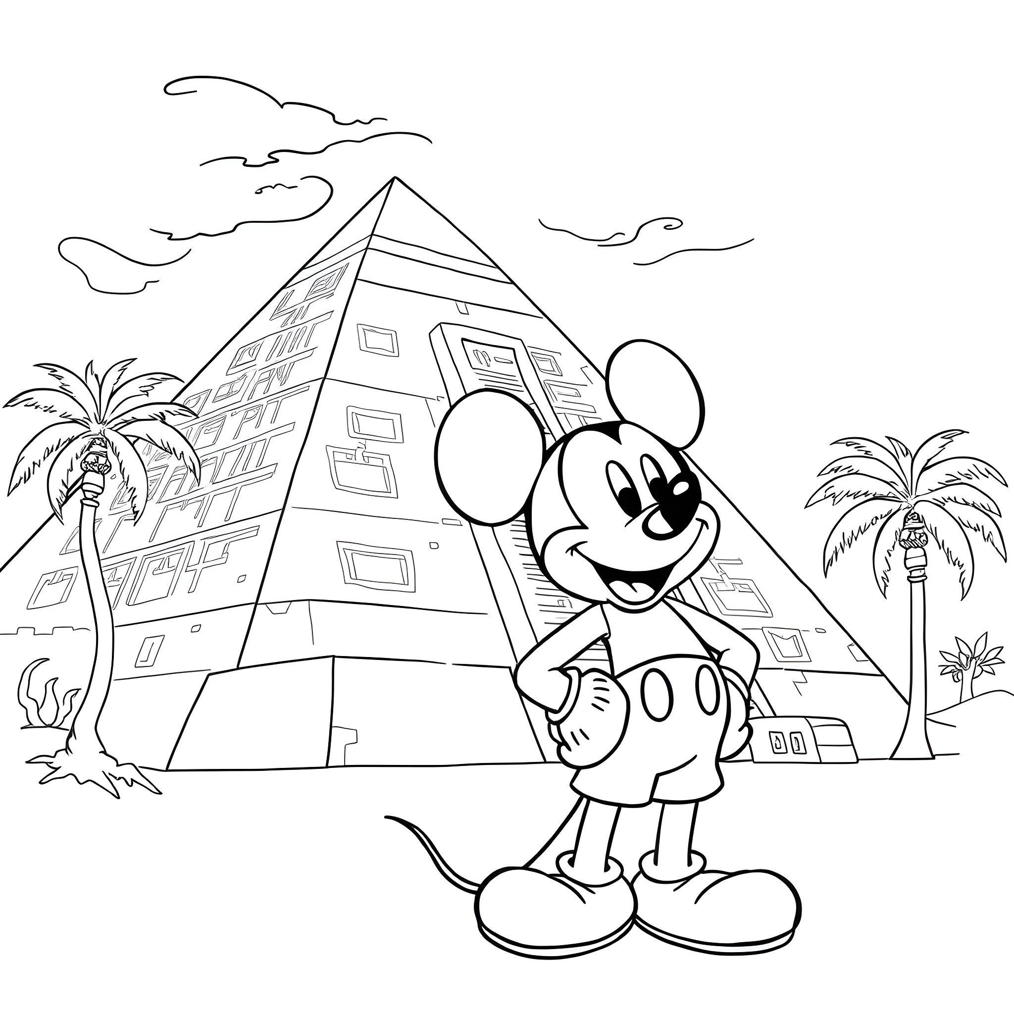Mickey Mouse exploring Egyptian pyramids Coloring Page (free black-and-white line drawing printable PDF for all, from beginners to advanced learners, including children, teens, adults, and seniors)
