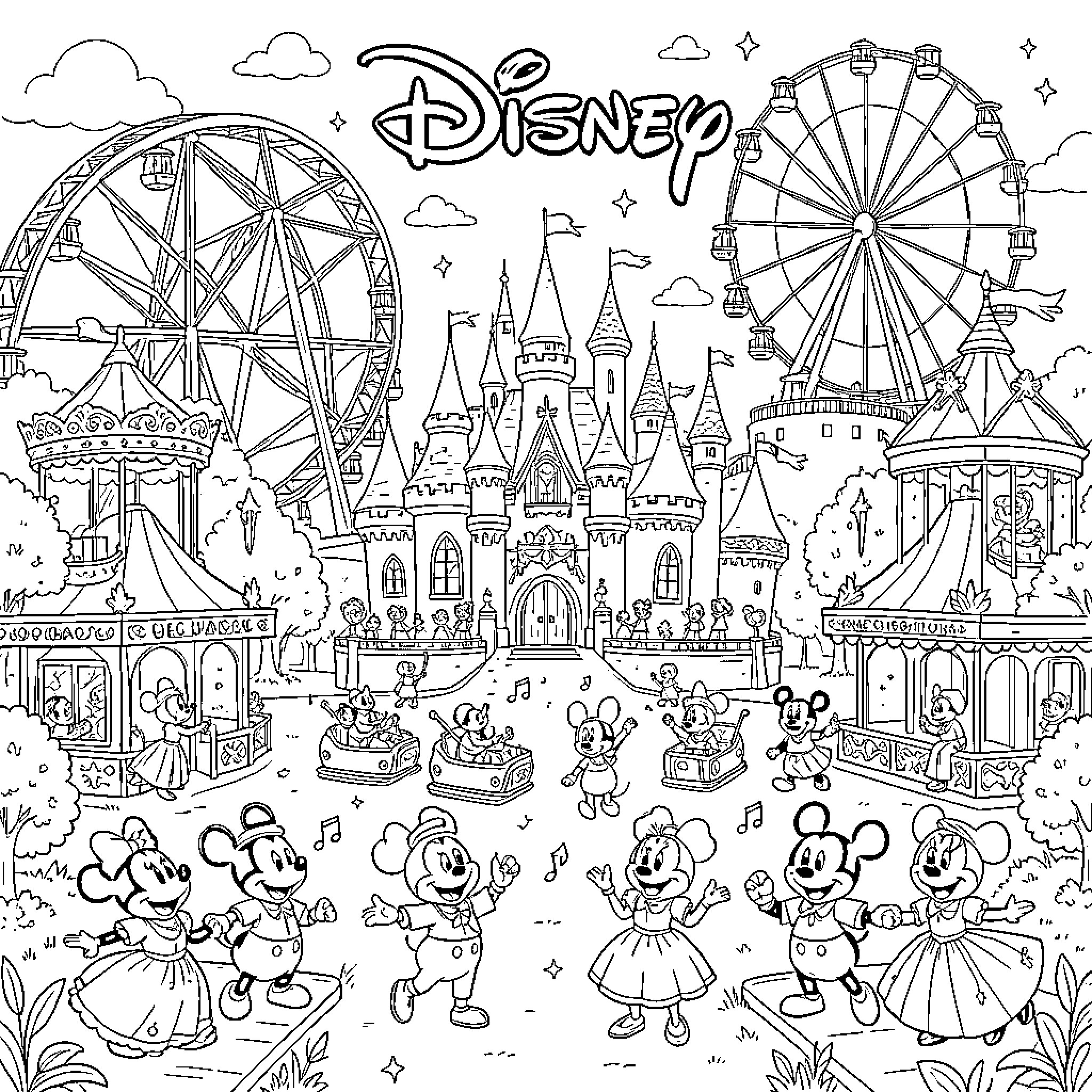 Disney Characters Enjoying a Magical Amusement Park Coloring Page (free black-and-white line drawing printable PDF for all, from beginners to advanced learners, including children, teens, adults, and seniors)