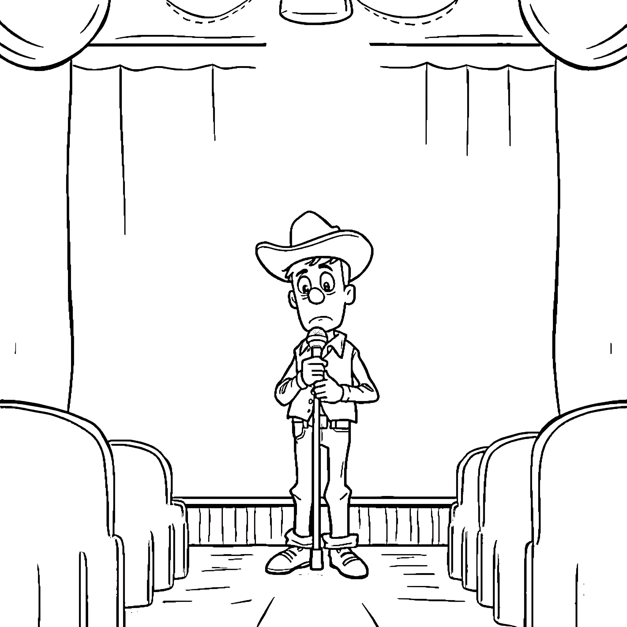 Woody on stage with theatrical curtains Coloring Page (free black-and-white line drawing printable PDF for all, from beginners to advanced learners, including children, teens, adults, and seniors)