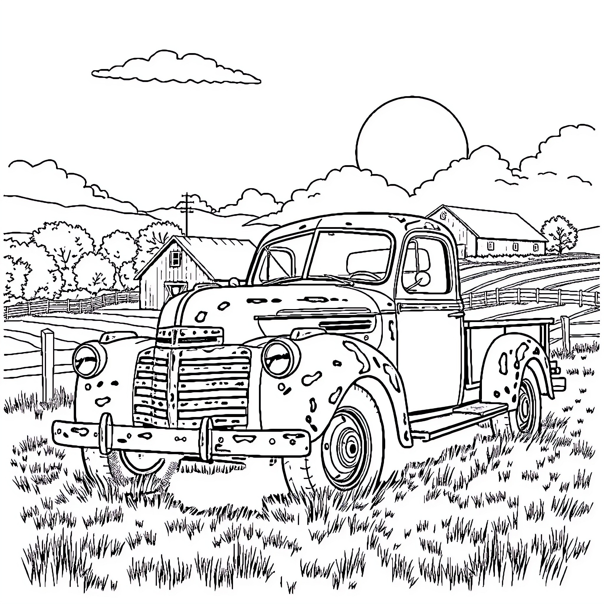 Truck parked in rustic countryside scene Coloring Page (free black-and-white line drawing printable PDF for all, from beginners to advanced learners, including children, teens, adults, and seniors)