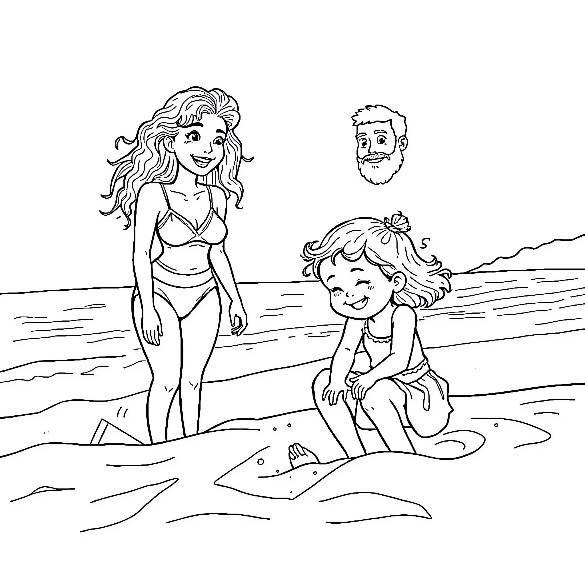 Girl playing in the sand with her father on the beach Coloring Page (free black-and-white line drawing printable PDF for all, from beginners to advanced learners, including children, teens, adults, and seniors)