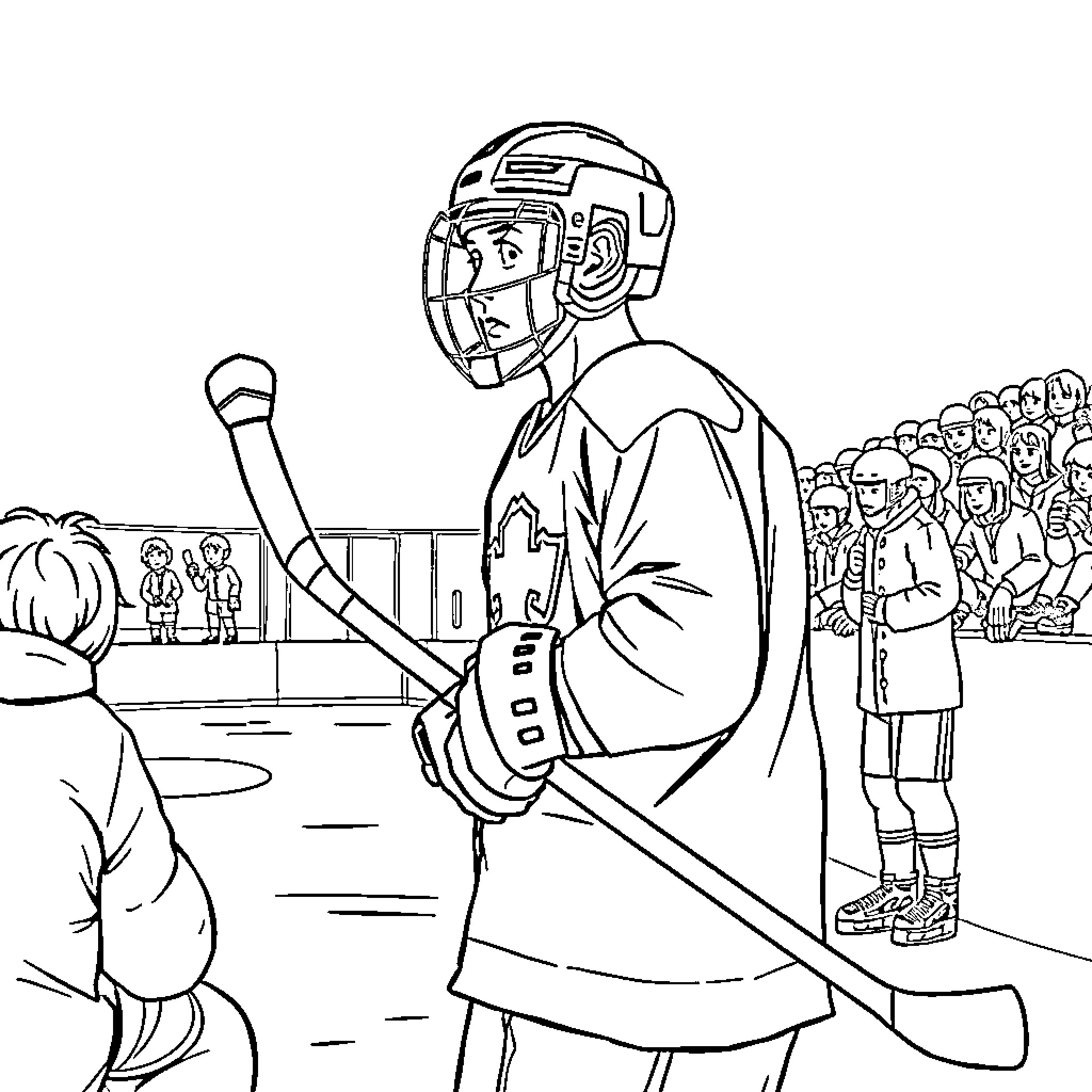 Eishockeyspieler in der Aktion auf der Eisfläche Coloring Page (free black-and-white line drawing printable PDF for all, from beginners to advanced learners, including children, teens, adults, and seniors)