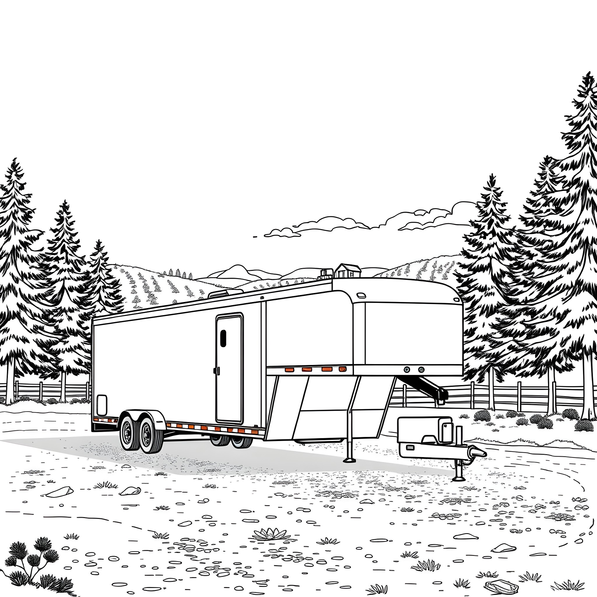 Gooseneck Trailer in Snowy Wilderness Coloring Page (free black-and-white line drawing printable PDF for all, from beginners to advanced learners, including children, teens, adults, and seniors)