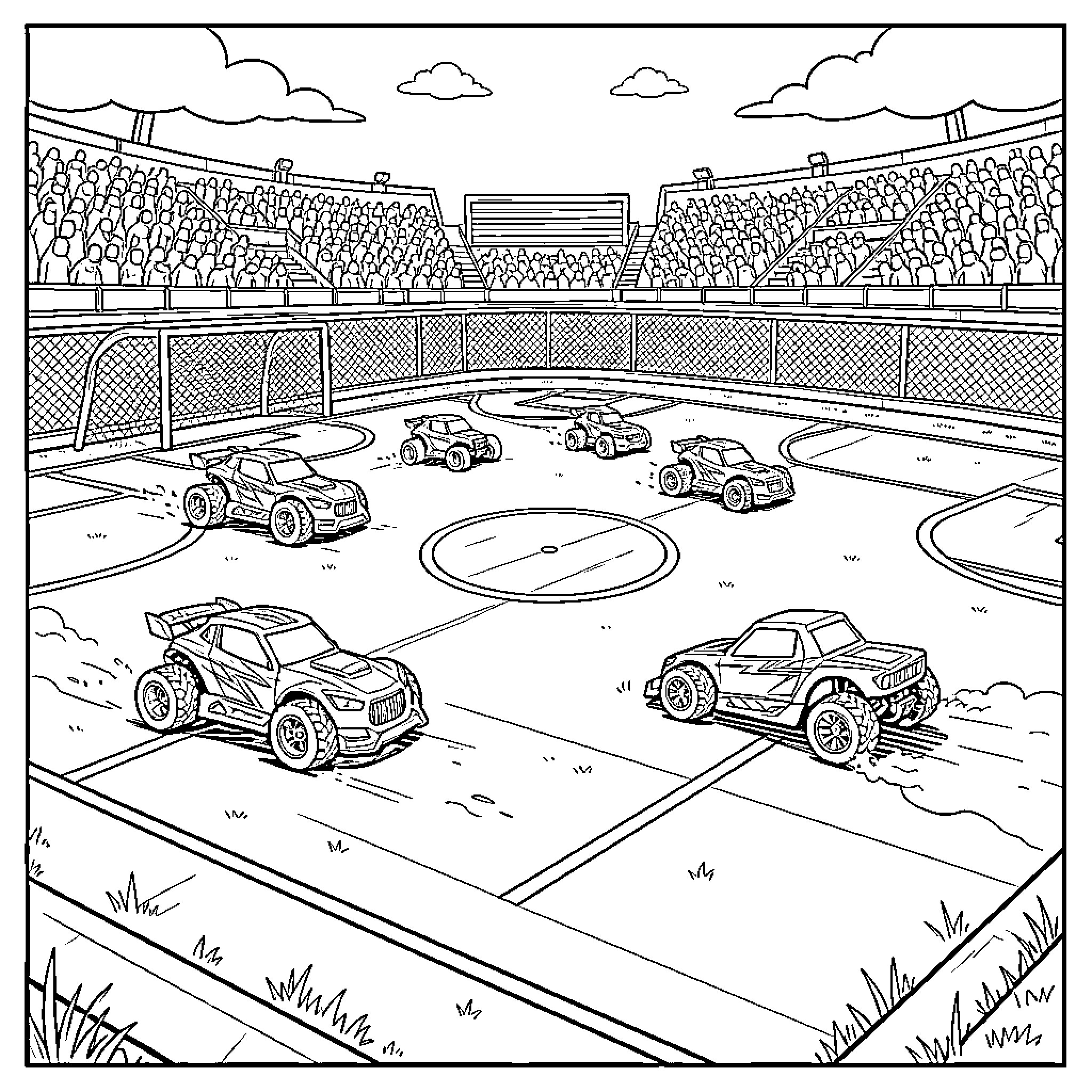 Car racing competition inside a large sports stadium Coloring Page (free black-and-white line drawing printable PDF for all, from beginners to advanced learners, including children, teens, adults, and seniors)