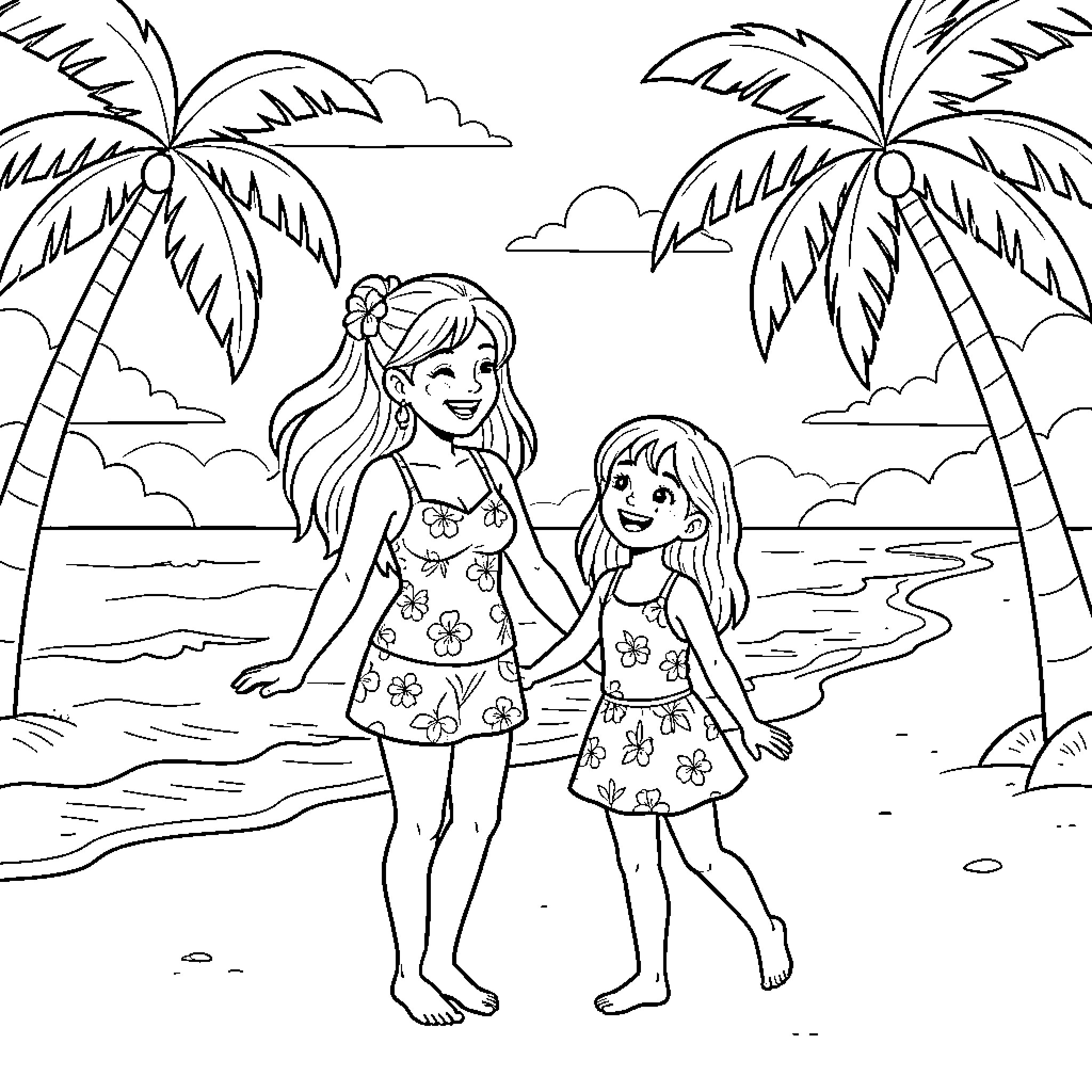 Mother and daughter enjoying a day at the beach Coloring Page (free black-and-white line drawing printable PDF for all, from beginners to advanced learners, including children, teens, adults, and seniors)