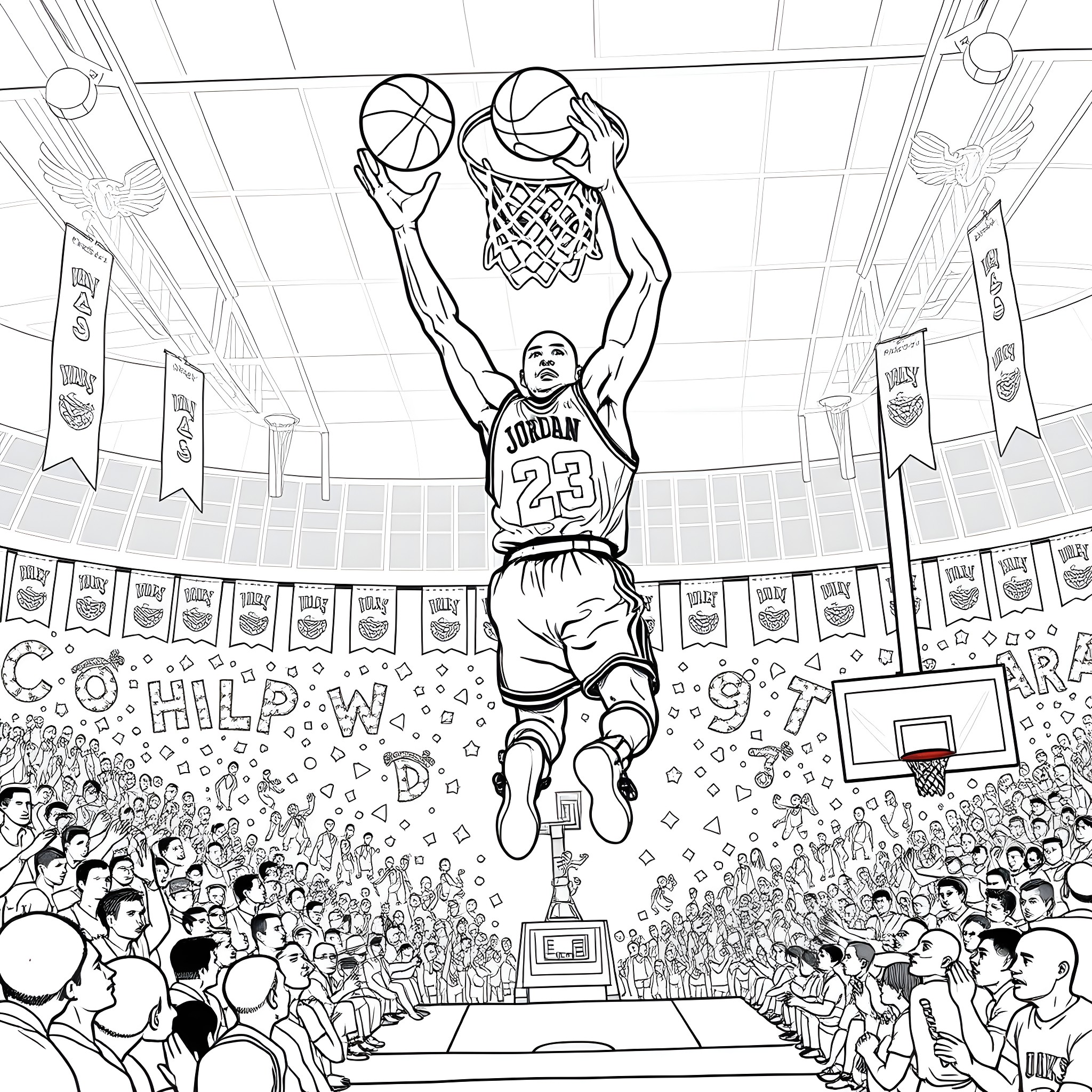 Michael Jordan making a slam dunk in a basketball game Coloring Page (free black-and-white line drawing printable PDF for all, from beginners to advanced learners, including children, teens, adults, and seniors)