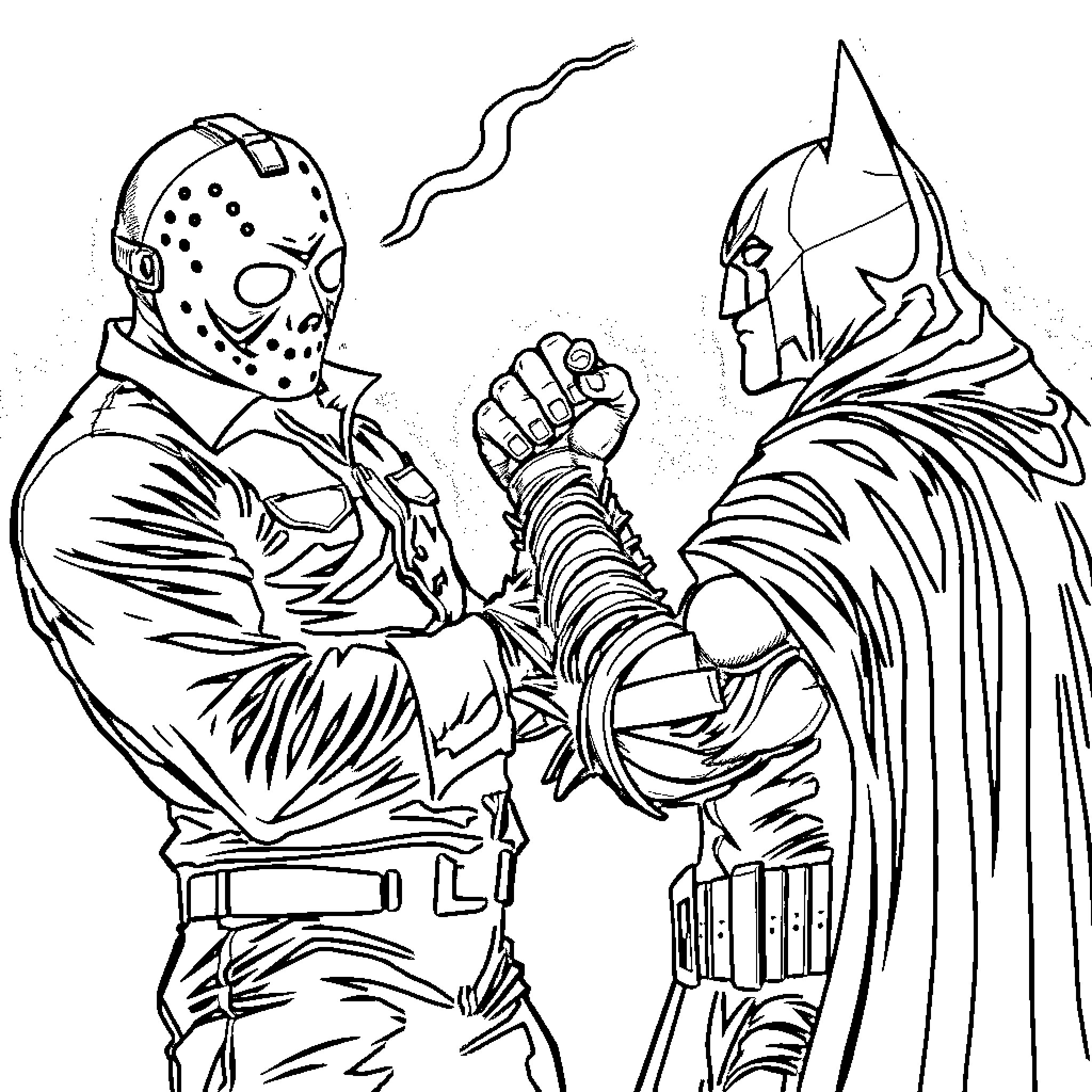Jason Voorhees facing off against Caped Crusader in intense confrontation Coloring Page (free black-and-white line drawing printable PDF for all, from beginners to advanced learners, including children, teens, adults, and seniors)