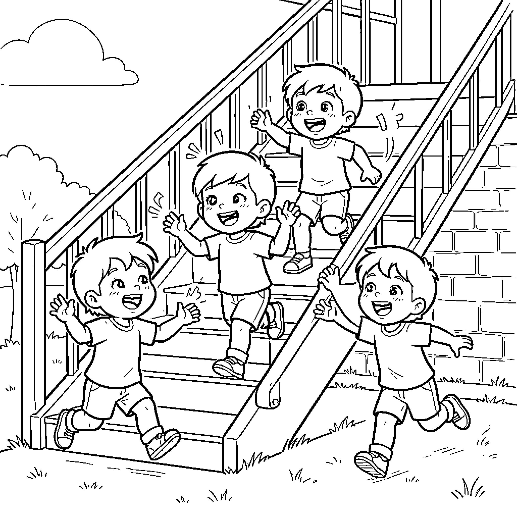 Children playing and climbing on stairs Coloring Page (free black-and-white line drawing printable PDF for all, from beginners to advanced learners, including children, teens, adults, and seniors)