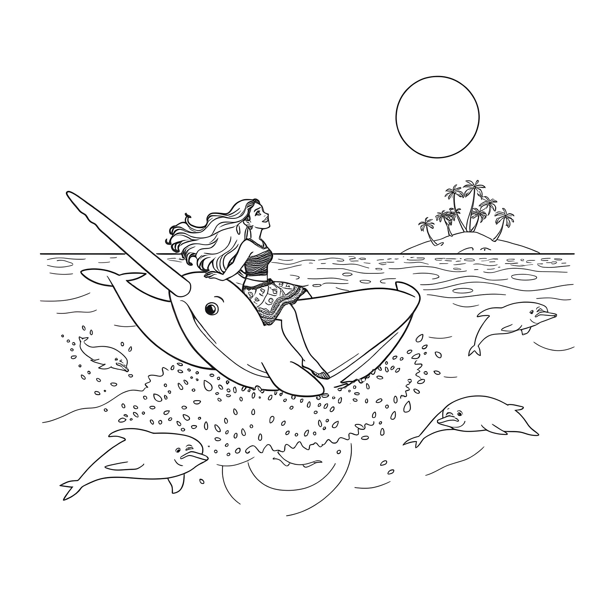 Moana riding a friendly whale in the ocean Coloring Page (free black-and-white line drawing printable PDF for all, from beginners to advanced learners, including children, teens, adults, and seniors)
