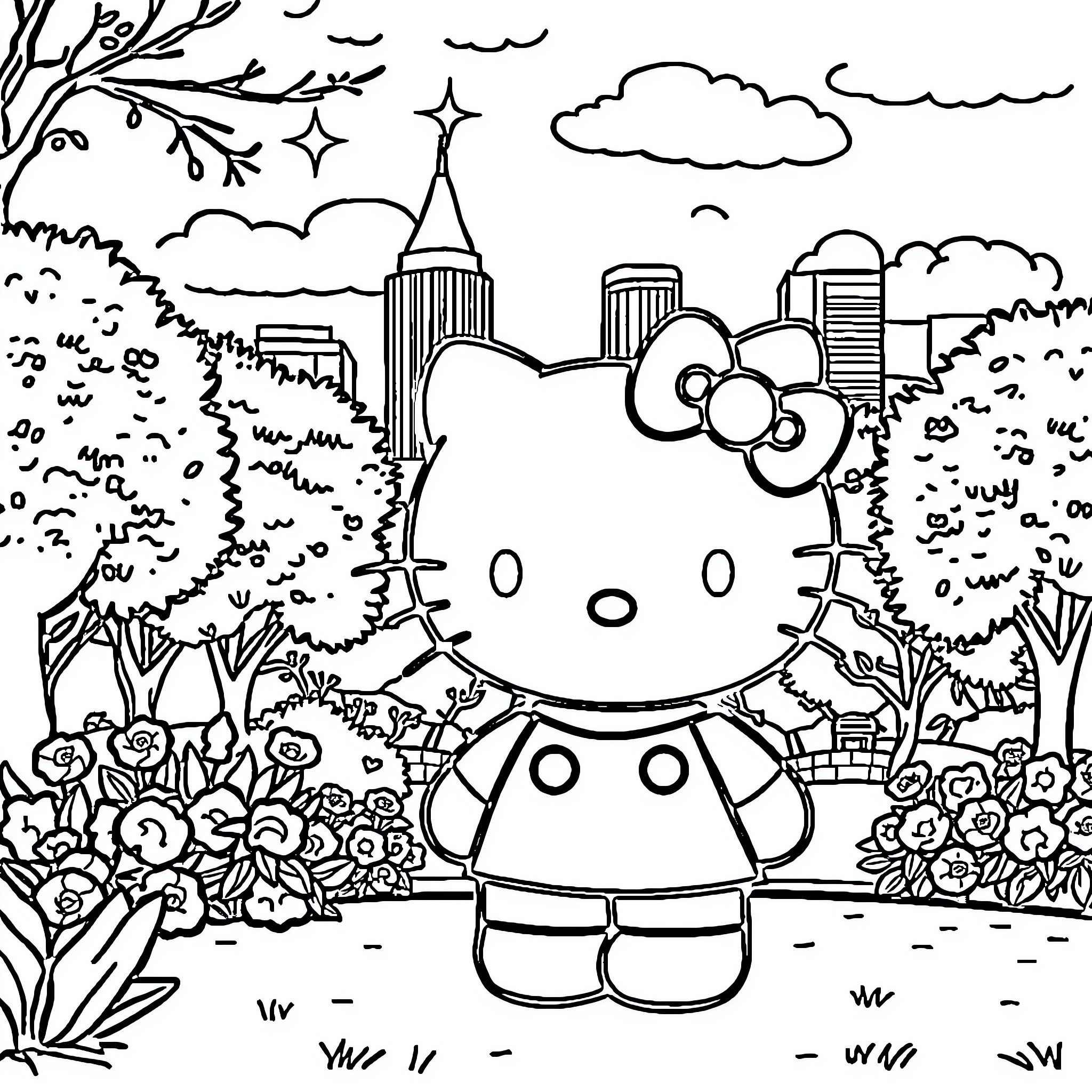 Hello Kitty exploring a city park Coloring Page (free black-and-white line drawing printable PDF for all, from beginners to advanced learners, including children, teens, adults, and seniors)