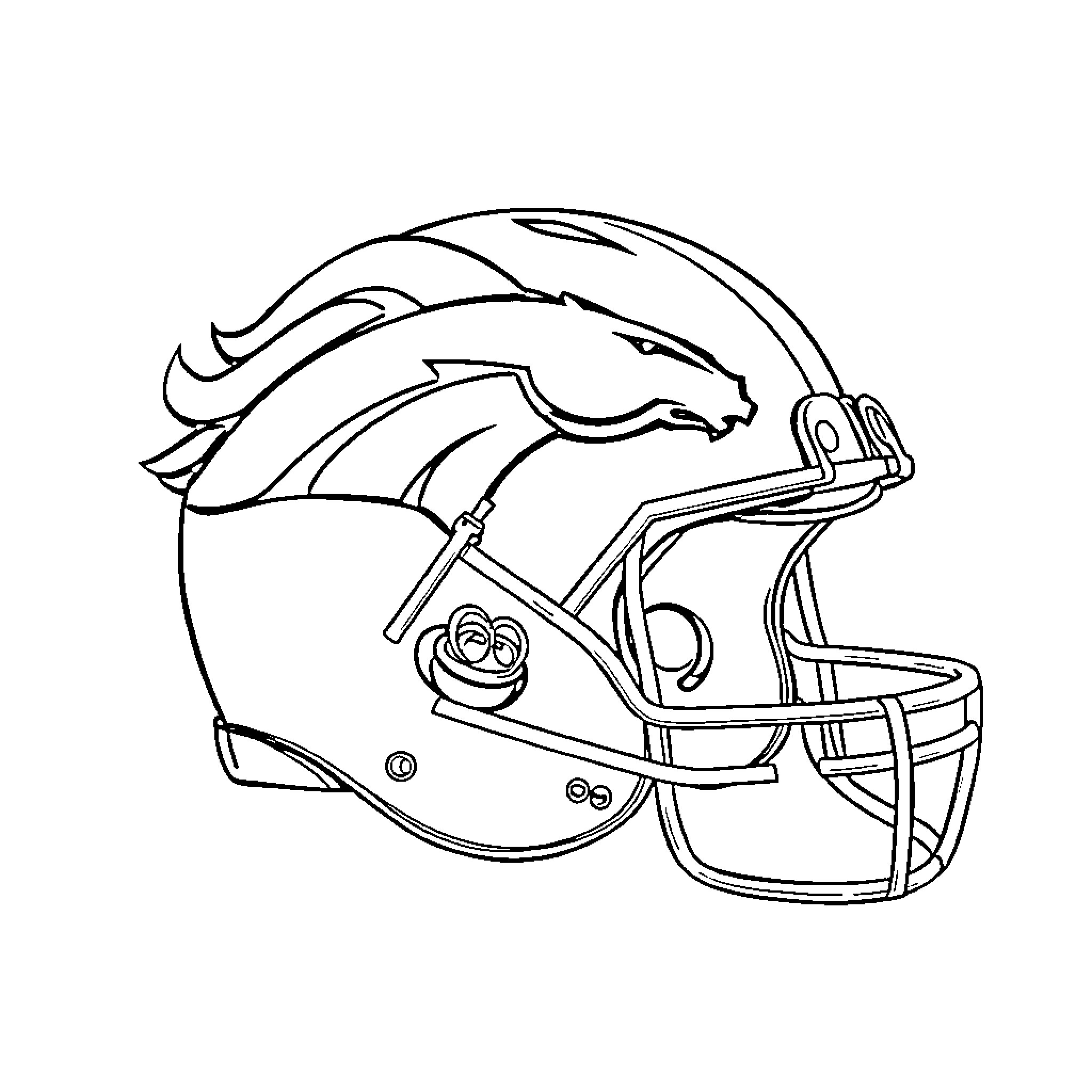 Bronco Helmet with Football Gear Coloring Page (free black-and-white line drawing printable PDF for all, from beginners to advanced learners, including children, teens, adults, and seniors)
