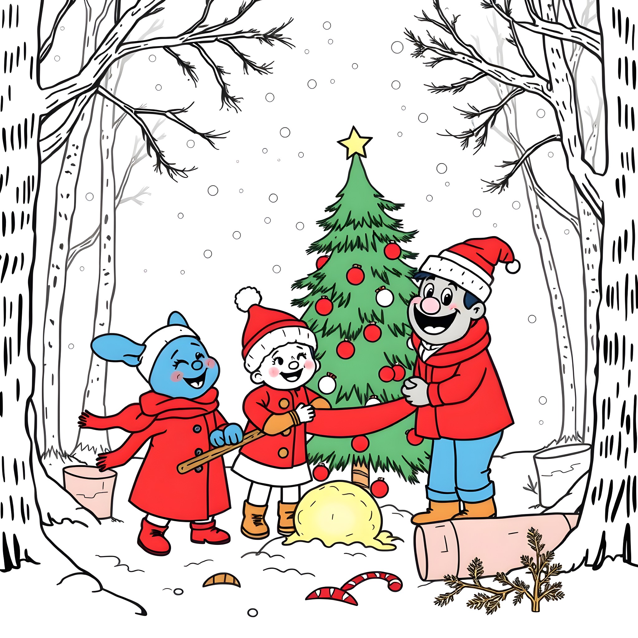 Bluey's Winter Wonderland Adventure Coloring Page (free black-and-white line drawing printable PDF for all, from beginners to advanced learners, including children, teens, adults, and seniors)