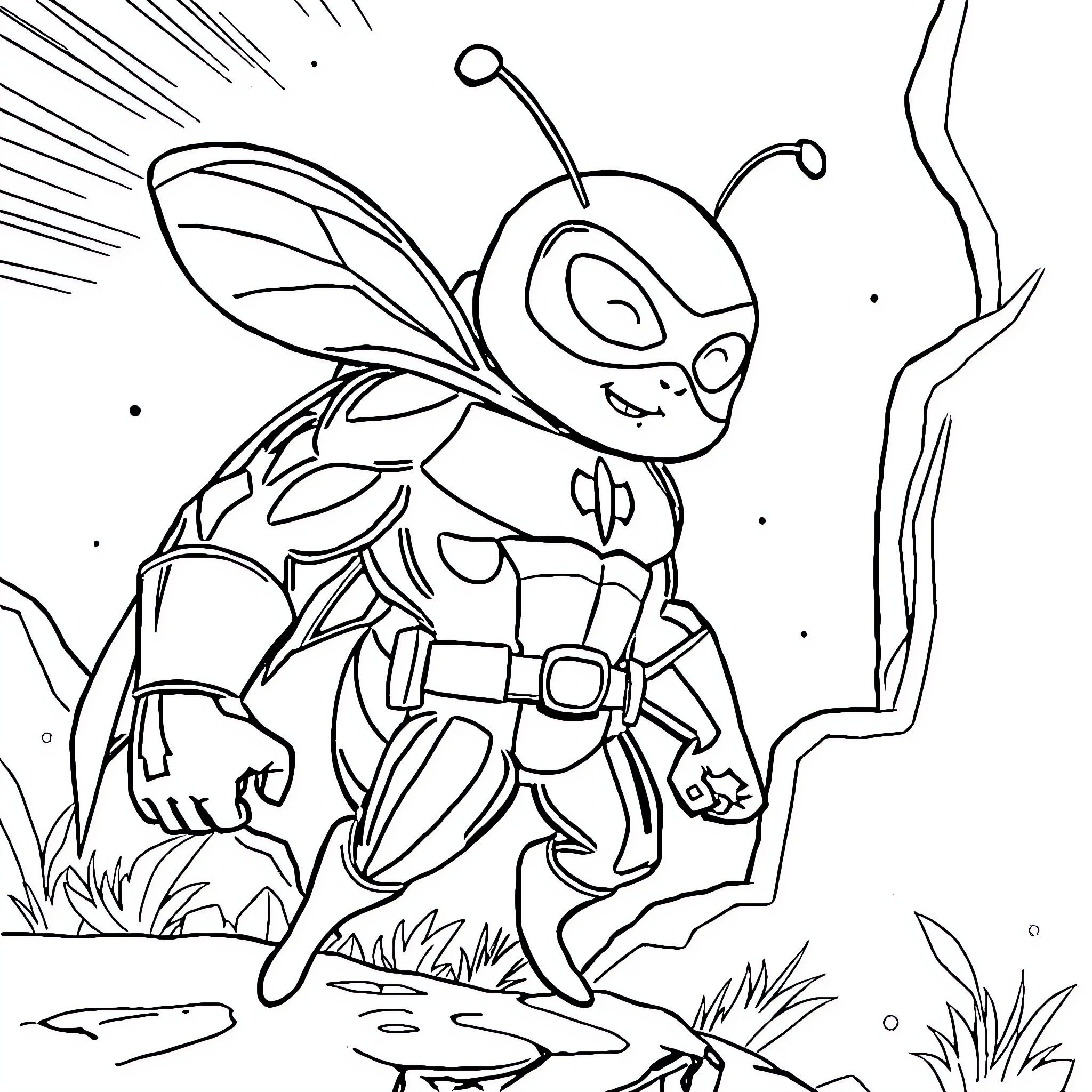 Bee superhero exploring the nature Coloring Page (free black-and-white line drawing printable PDF for all, from beginners to advanced learners, including children, teens, adults, and seniors)