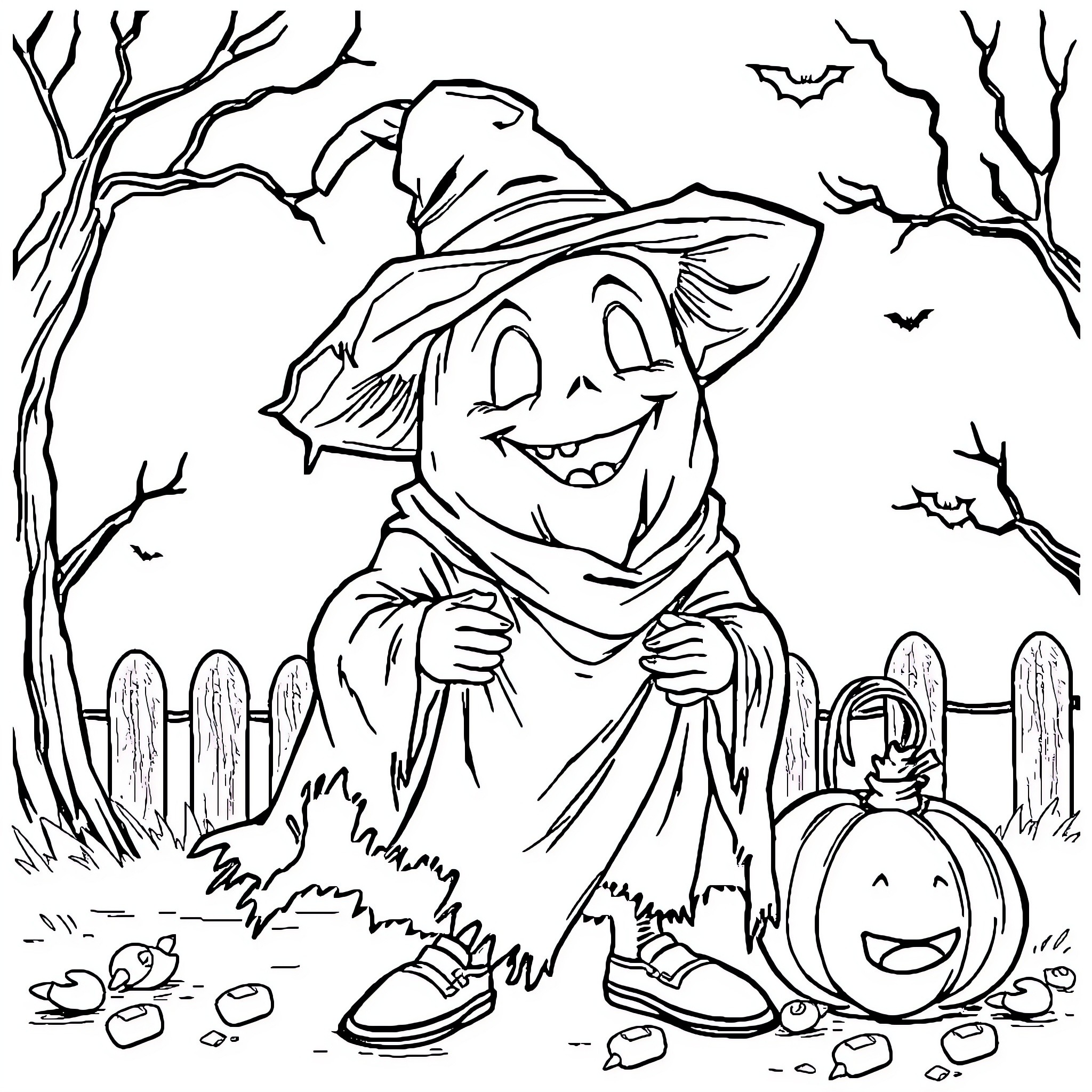 Cowboy scarecrow in a Halloween scene Coloring Page (free black-and-white line drawing printable PDF for all, from beginners to advanced learners, including children, teens, adults, and seniors)