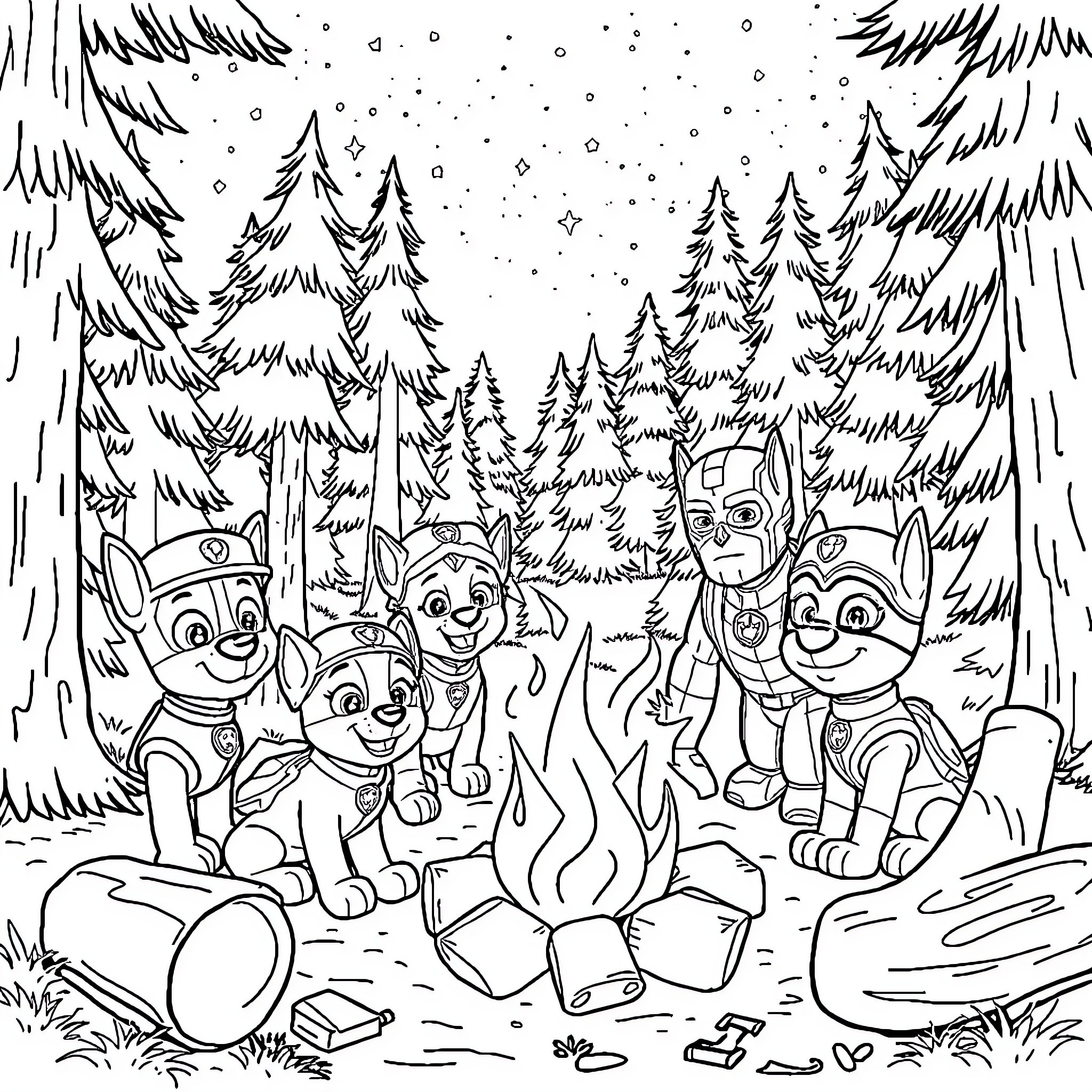 Paw Patrol enjoying a winter campfire in the snowy forest Coloring Page (free black-and-white line drawing printable PDF for all, from beginners to advanced learners, including children, teens, adults, and seniors)