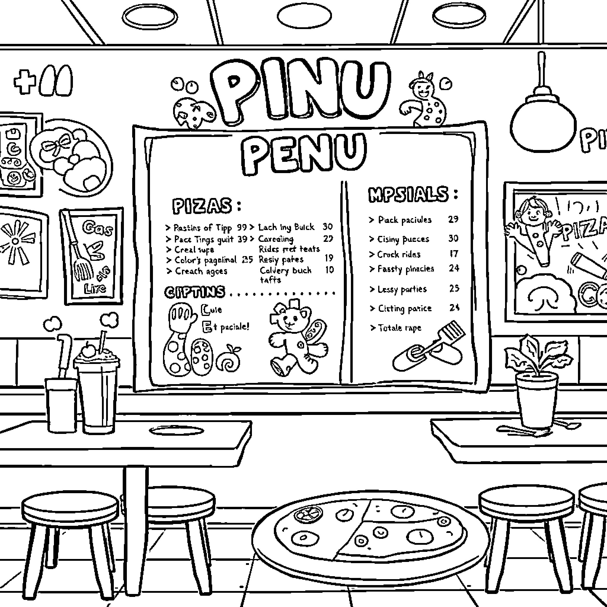 Kids Menu: Cozy Cafe with Paw-Some Treats Coloring Page (free black-and-white line drawing printable PDF for all, from beginners to advanced learners, including children, teens, adults, and seniors)